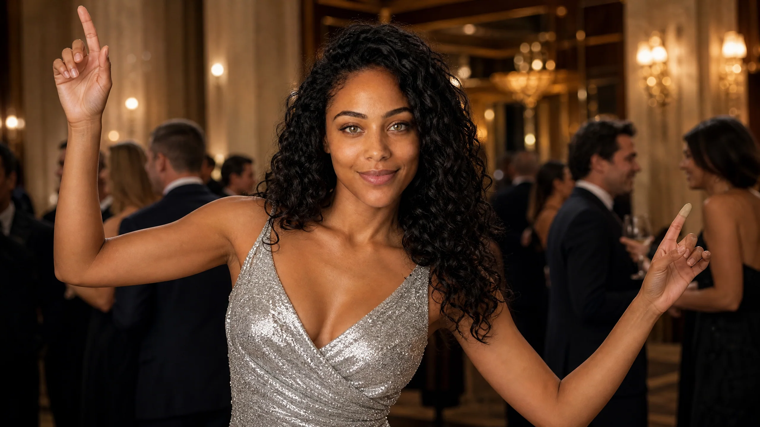 A woman in a silver party dress gesturing in a chandelier-lit reception hall, with guests and wood panels behind her