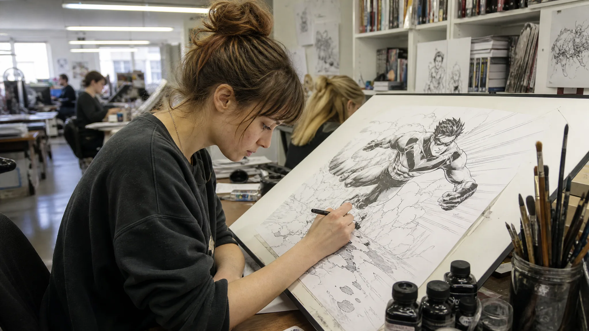 Woman with a messy bun inking a running superhero on a tilted drafting table in a fluorescent-lit shared studio