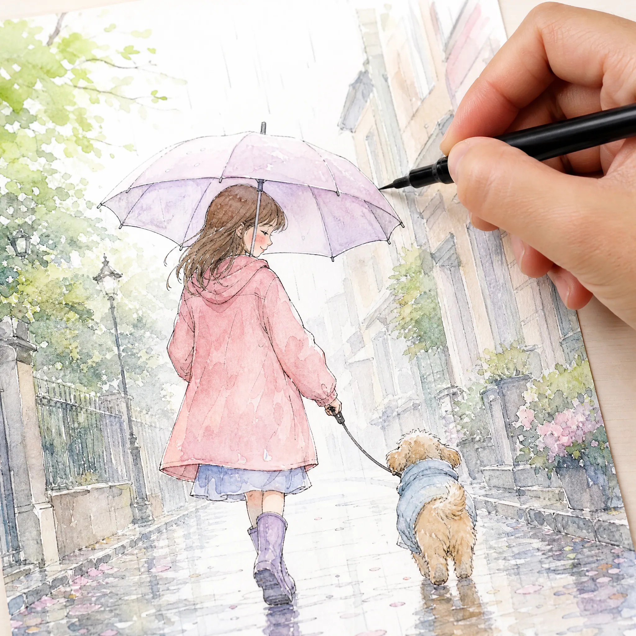 Brush pen adding a last ink line to a pastel comic of a girl and a little dog sharing an umbrella on a wet street