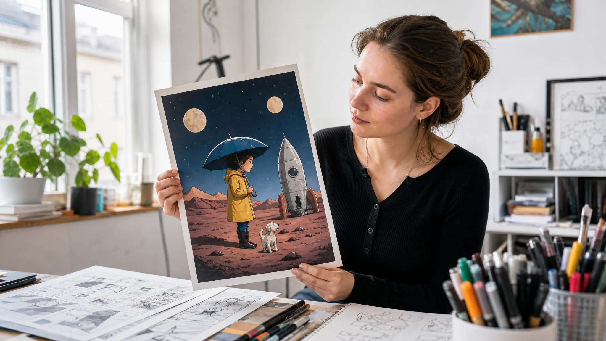 Artist at a bright window studying a printed comic of the raincoat girl and her dog under two moons beside a rocket