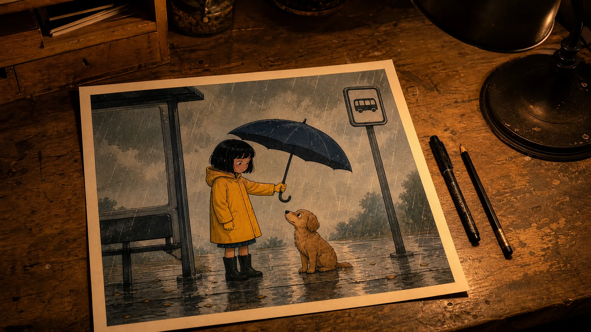 Comic illustration on a wooden desk: a girl in a yellow raincoat shelters a brown dog with a navy umbrella in the rain