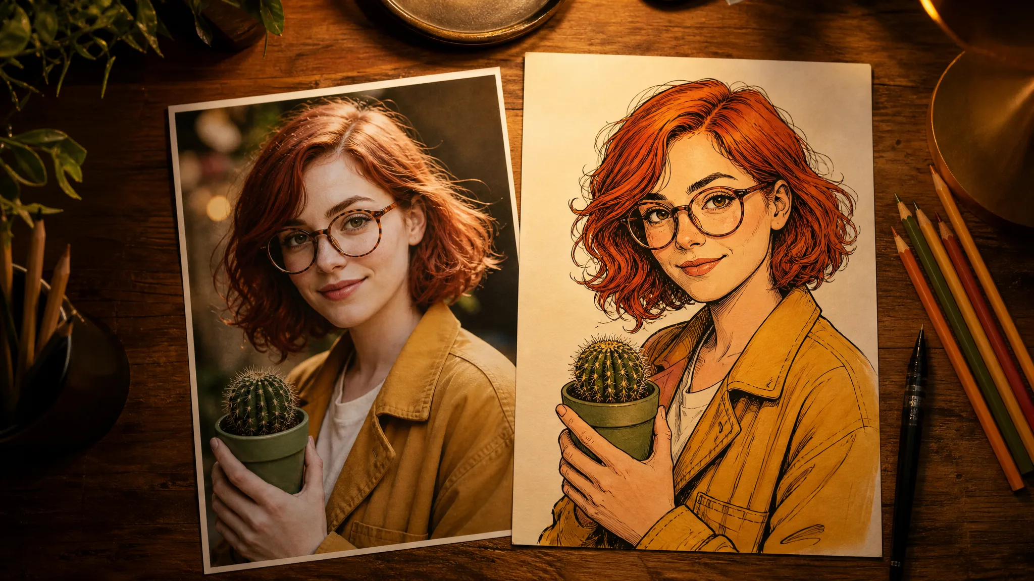 Printed photo of a red-haired woman in round glasses holding a cactus next to an inked comic version of her