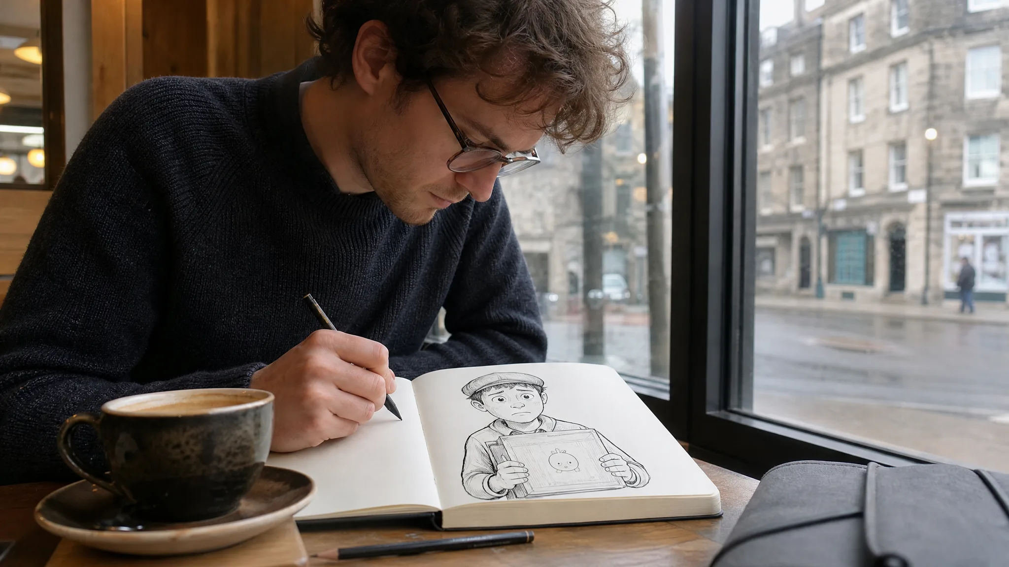 Man with glasses at a café table drawing a worried courier whose brown parcel has a cartoon face in an open sketchbook