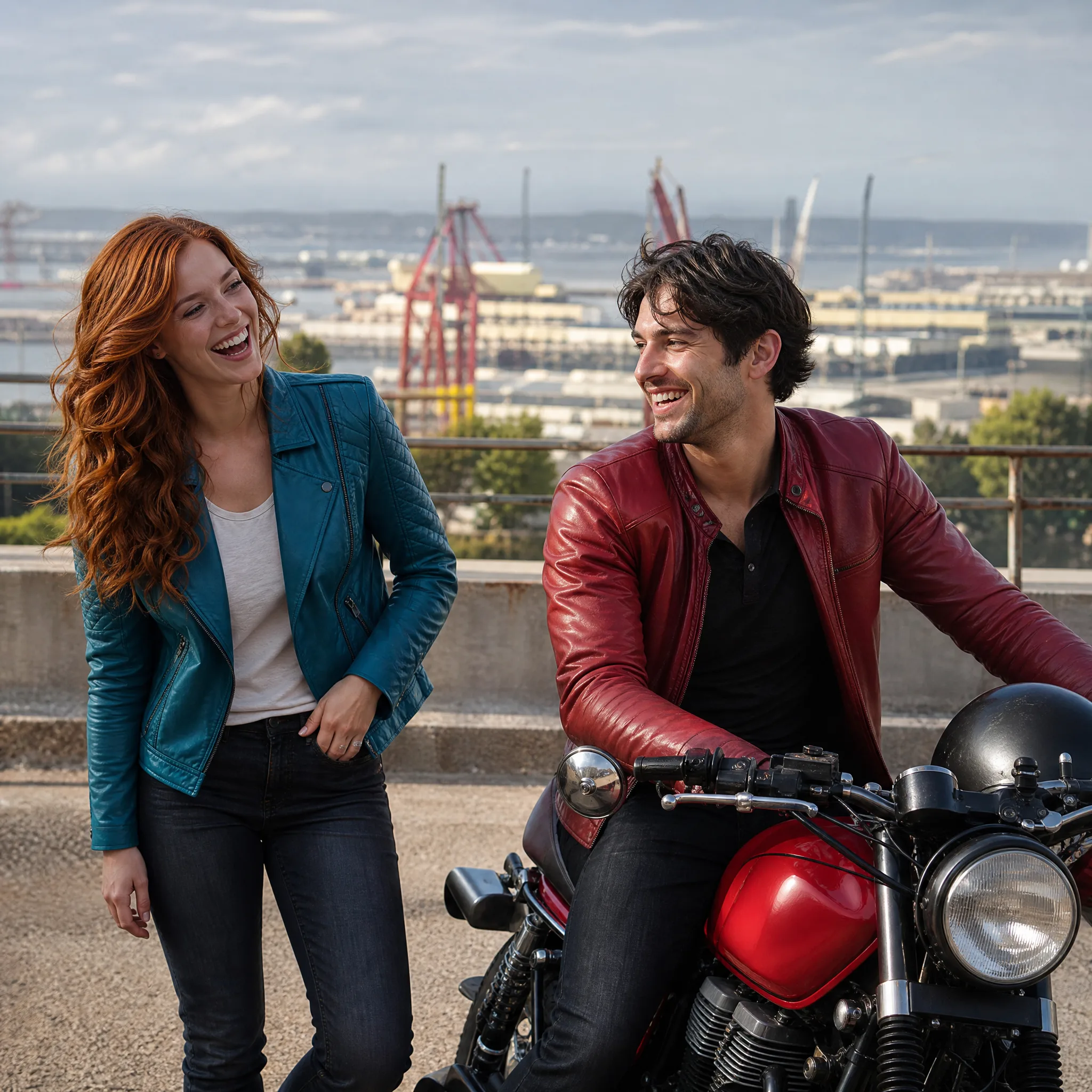 A red-haired woman and a dark-haired man smiling beside a parked red motorcycle at an industrial overlook