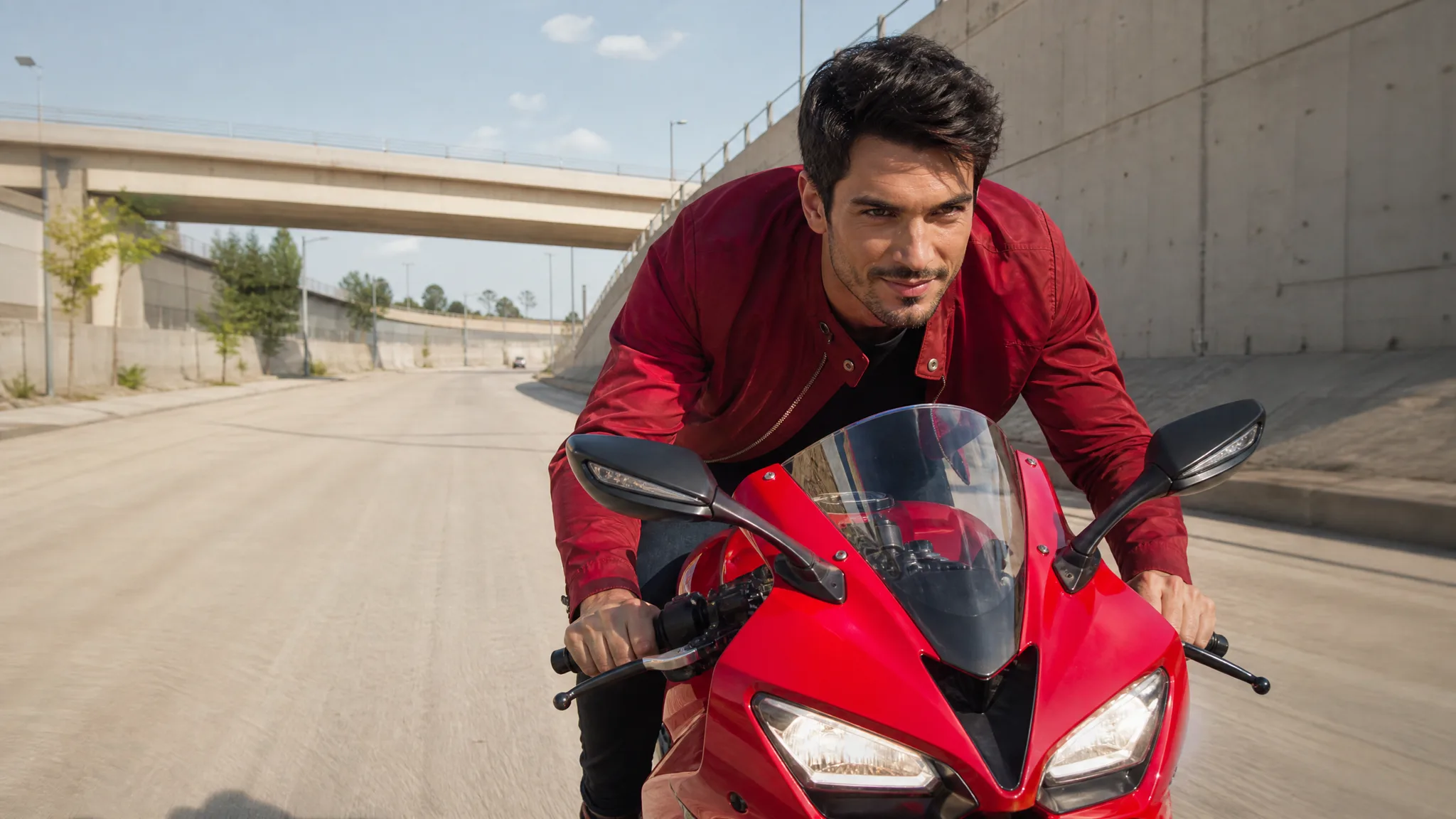 A dark-haired man in a red jacket leaning over a red motorcycle on an empty road