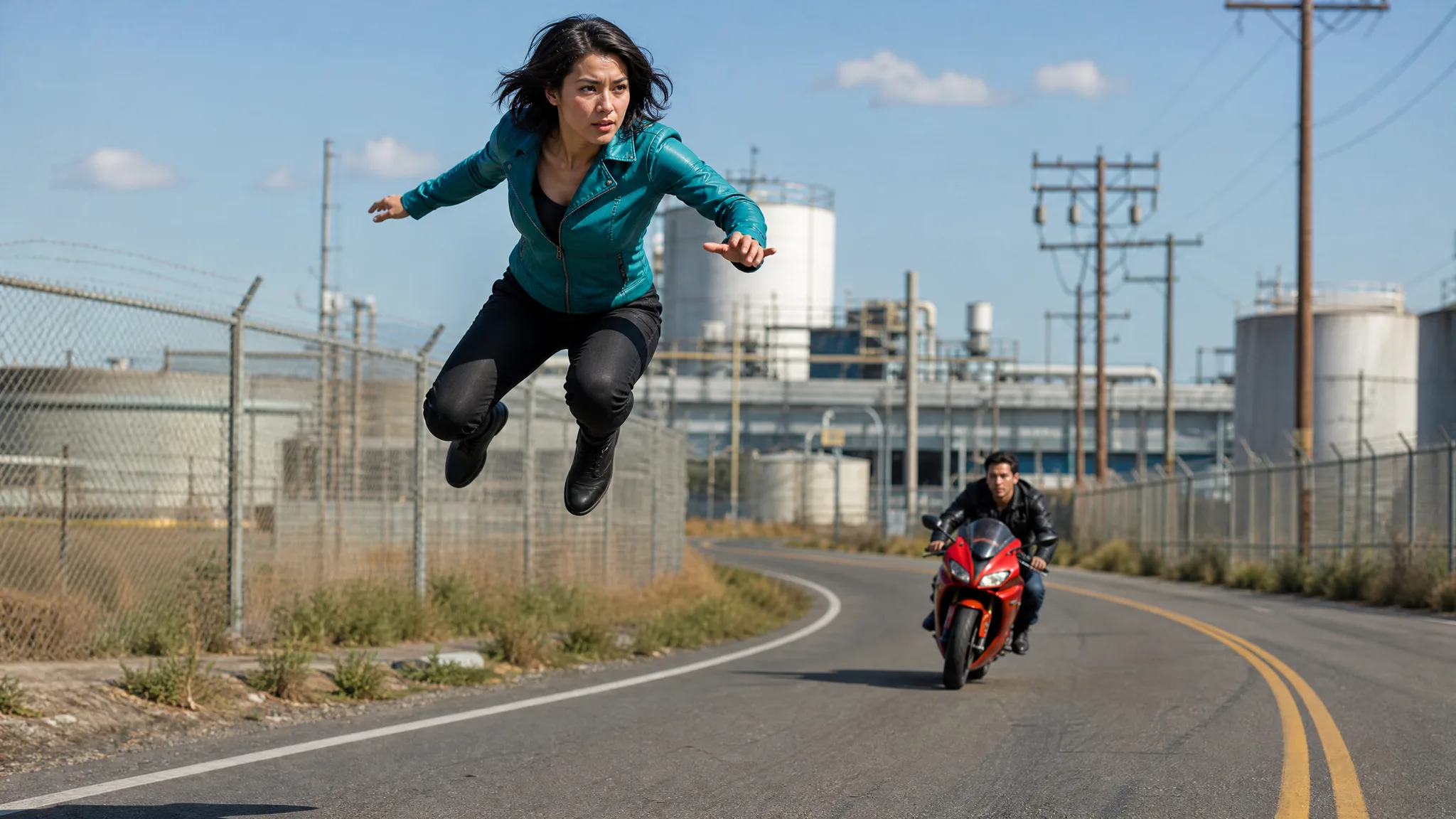 A woman in a teal jacket hovering over a road bend with a motorcycle pursuer behind her