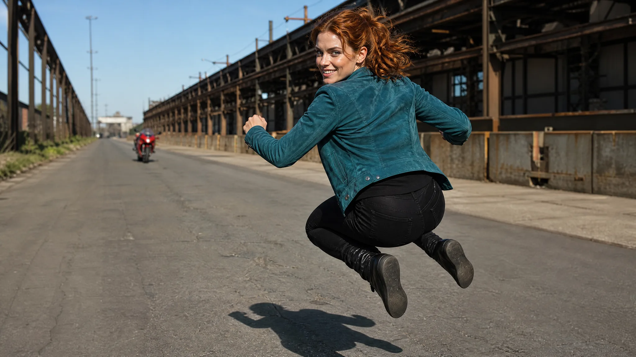 A red-haired woman looking back while hovering over a road with a motorcycle in the distance