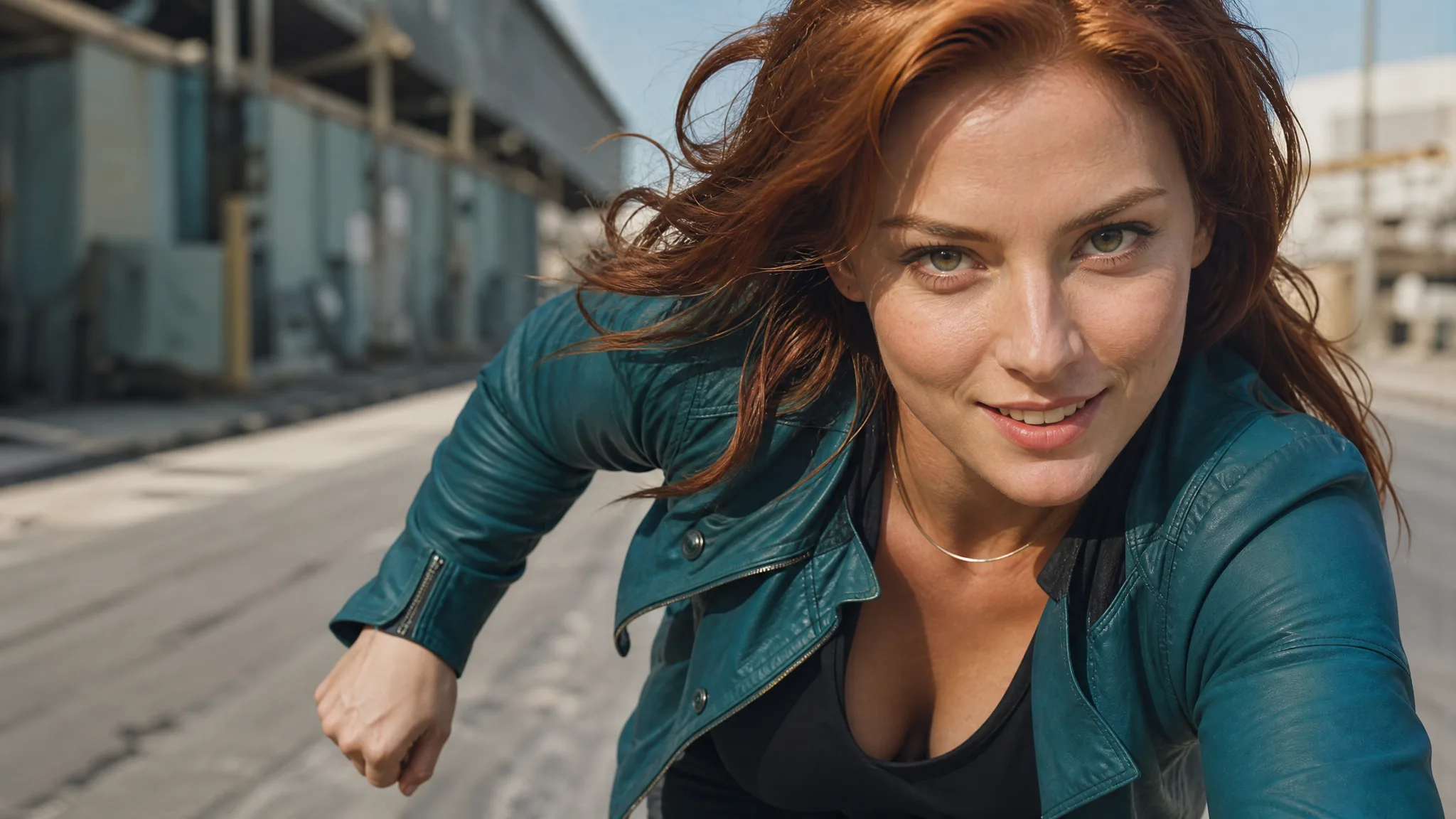 A red-haired woman in a teal jacket moving forward above a sunlit industrial roadway