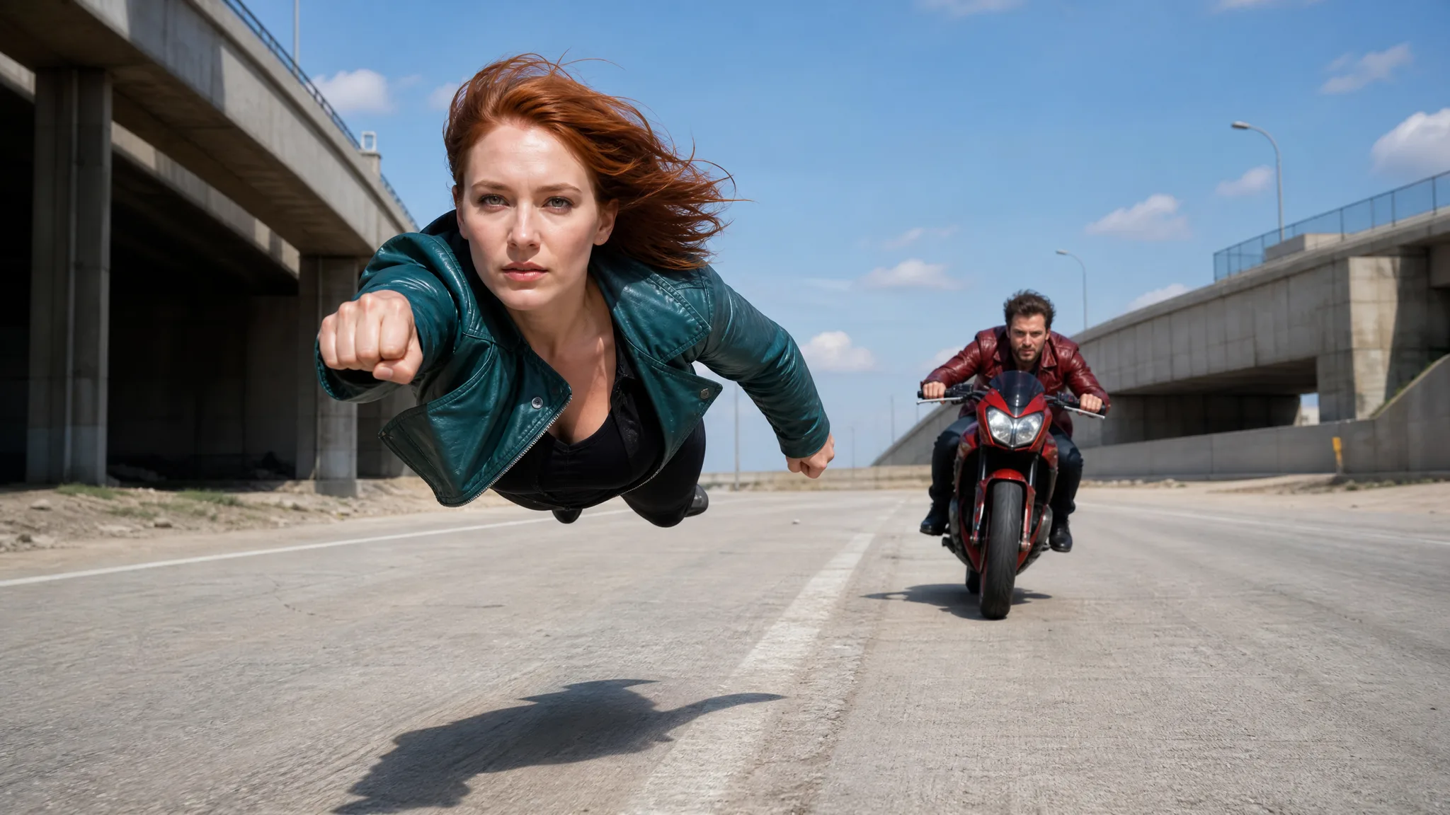 A red-haired woman hovering above an industrial road ahead of a man on a red motorcycle