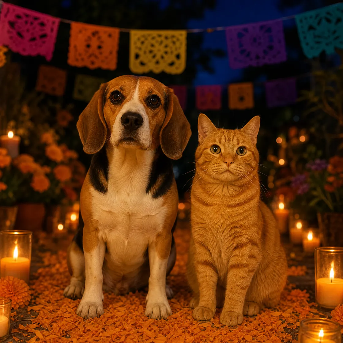 Beagle tricolor y gato atigrado naranja sentados sobre un camino de cempasúchil entre velas encendidas de noche