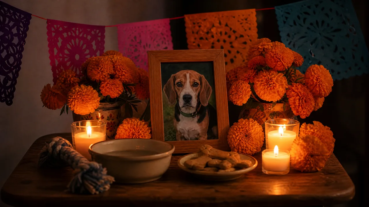 Día de Muertos Mascotas IA: junto a la ofrenda Ofrenda en casa con la foto de un beagle, cempasúchil, veladoras, agua, galletas y un juguete bajo papel picado