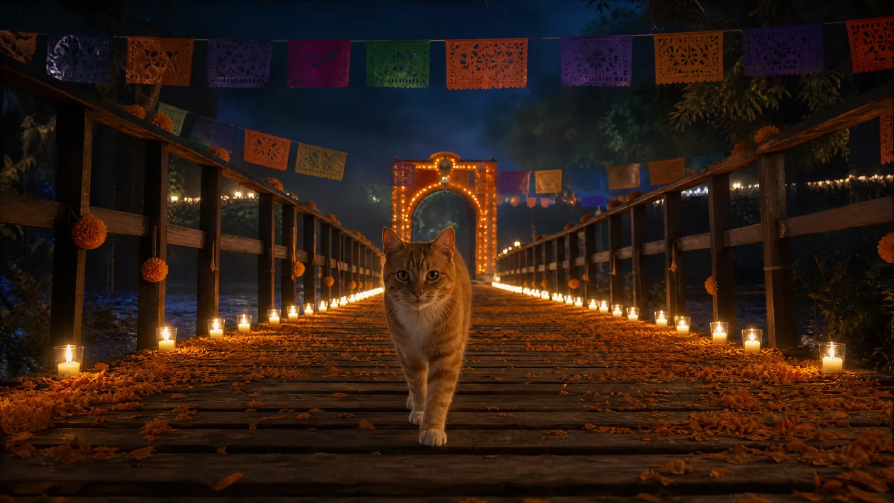 Puente de cempasúchil: la escena de noche Gato atigrado naranja caminando por un puente de cempasúchil con velas, papel picado arriba y un arco de luz al fondo