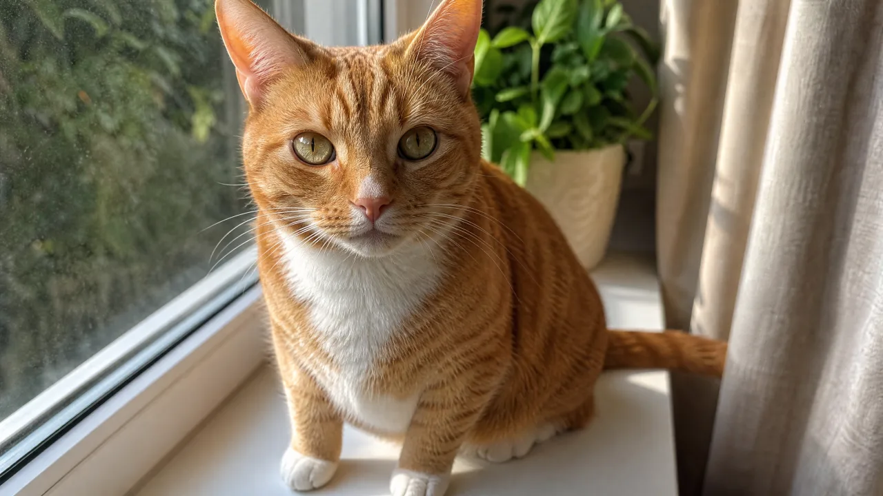 Día de Muertos Mascotas IA: todo empieza con una foto Gato atigrado naranja con el pecho blanco sentado junto a una ventana con sol, mirando directo a la cámara