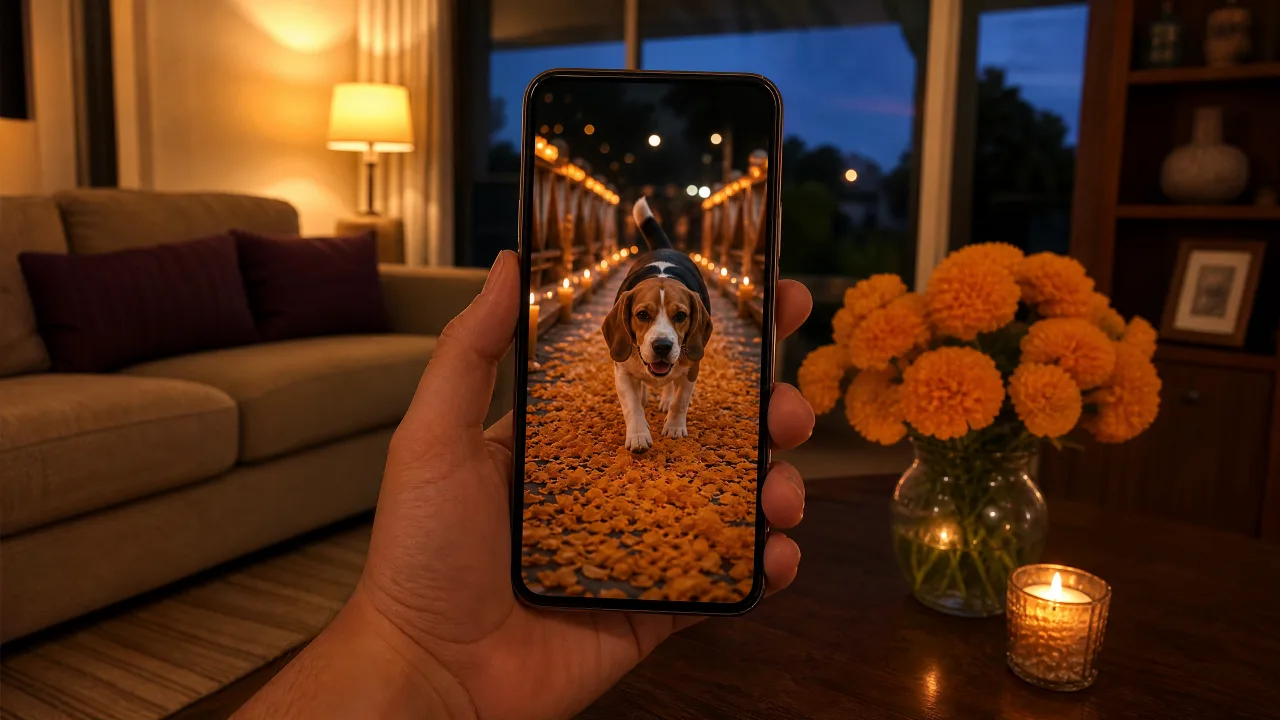 Video de día de muertos con IA: listo para compartir Mano con un celular en vertical que reproduce el video de un beagle en un puente de cempasúchil con velas