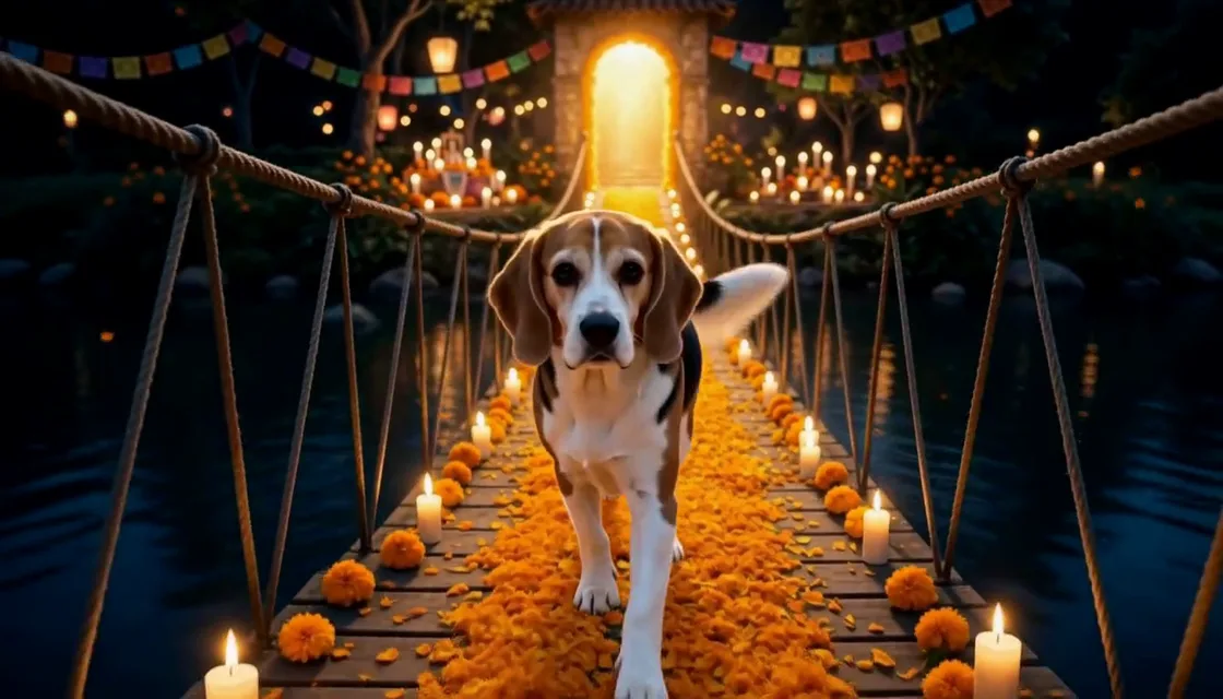 Day of the Dead Pet AI Video: The Walk Home Tricolor beagle walking toward the camera on a rope bridge of orange marigold petals, candles and papel picado around it
