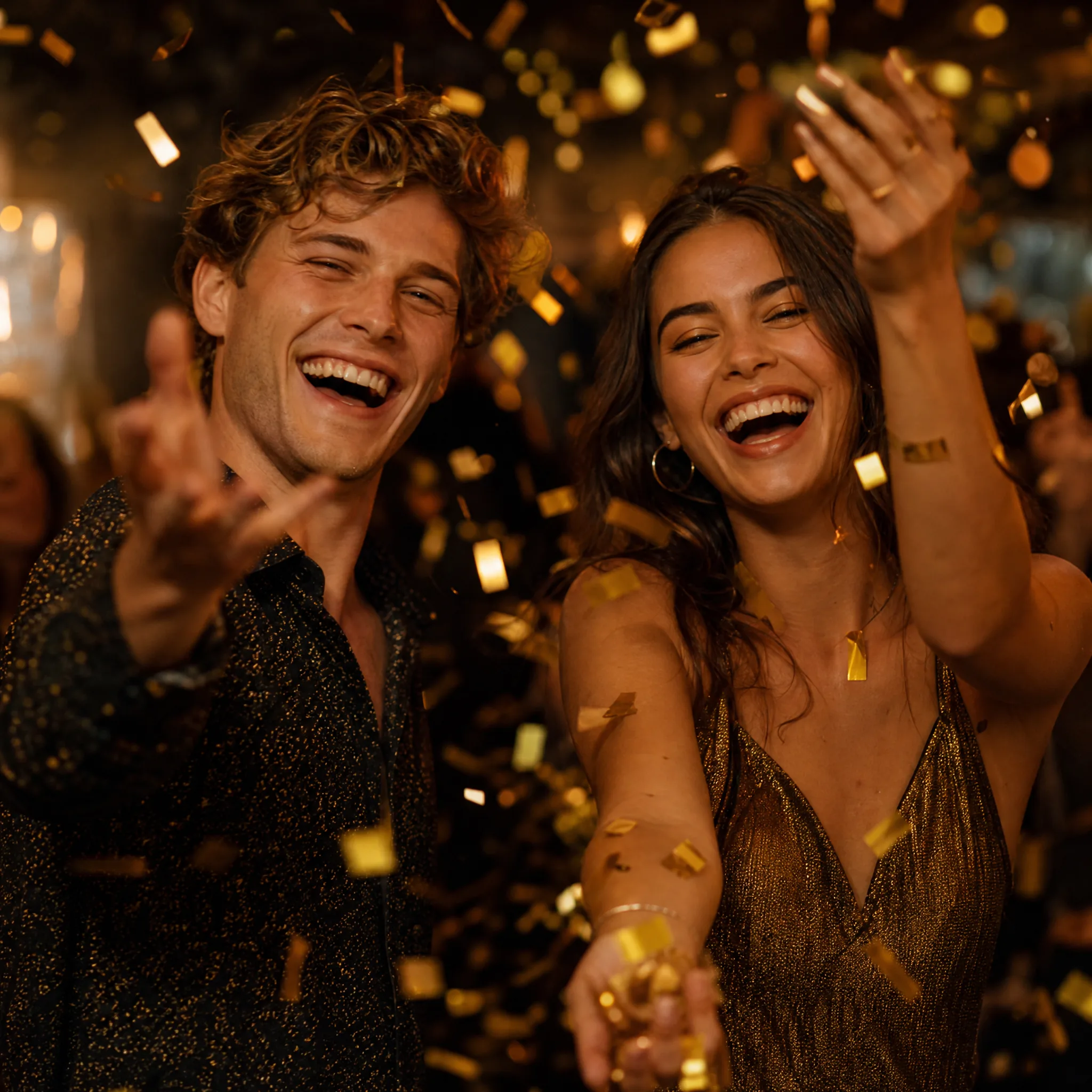 Two friends laughing at an evening party as handfuls of gold confetti fly around them