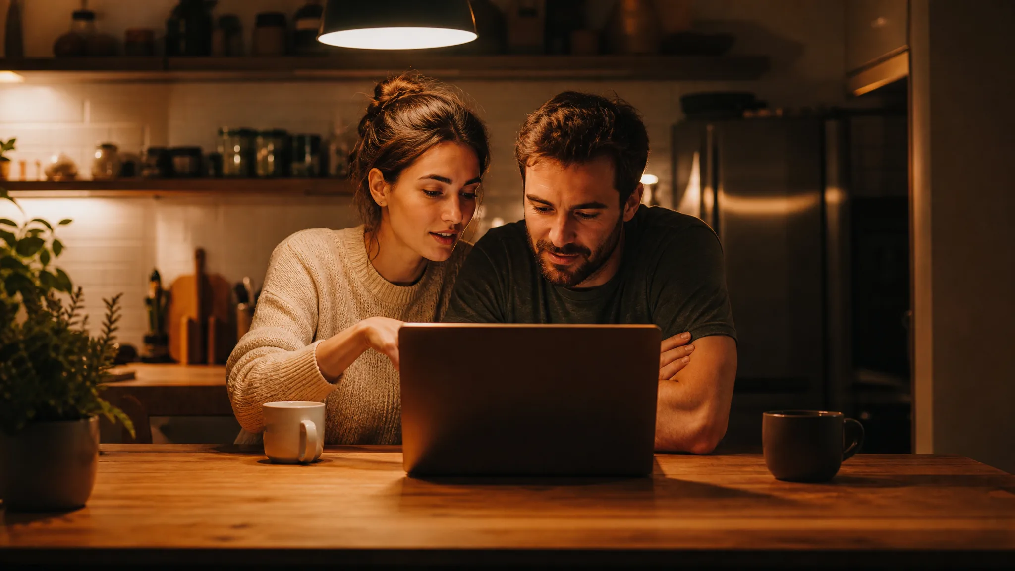 Watching a clip together Young couple at a kitchen table at night leaning in to watch a laptop, the woman pointing as he nods