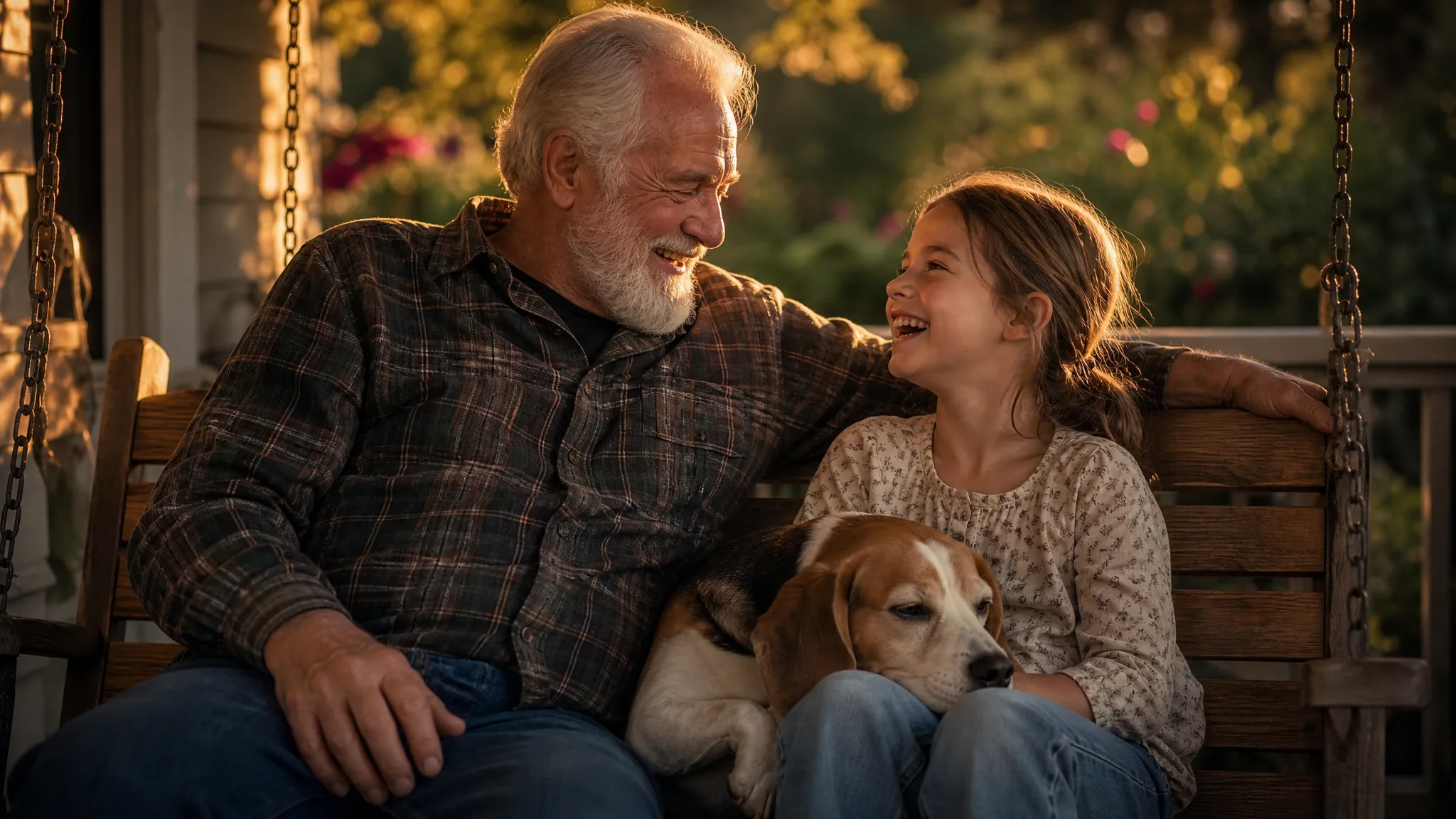 Porch swing with grandpa and the beagle White-bearded grandfather and his granddaughter laughing on a porch swing with a beagle curled between them