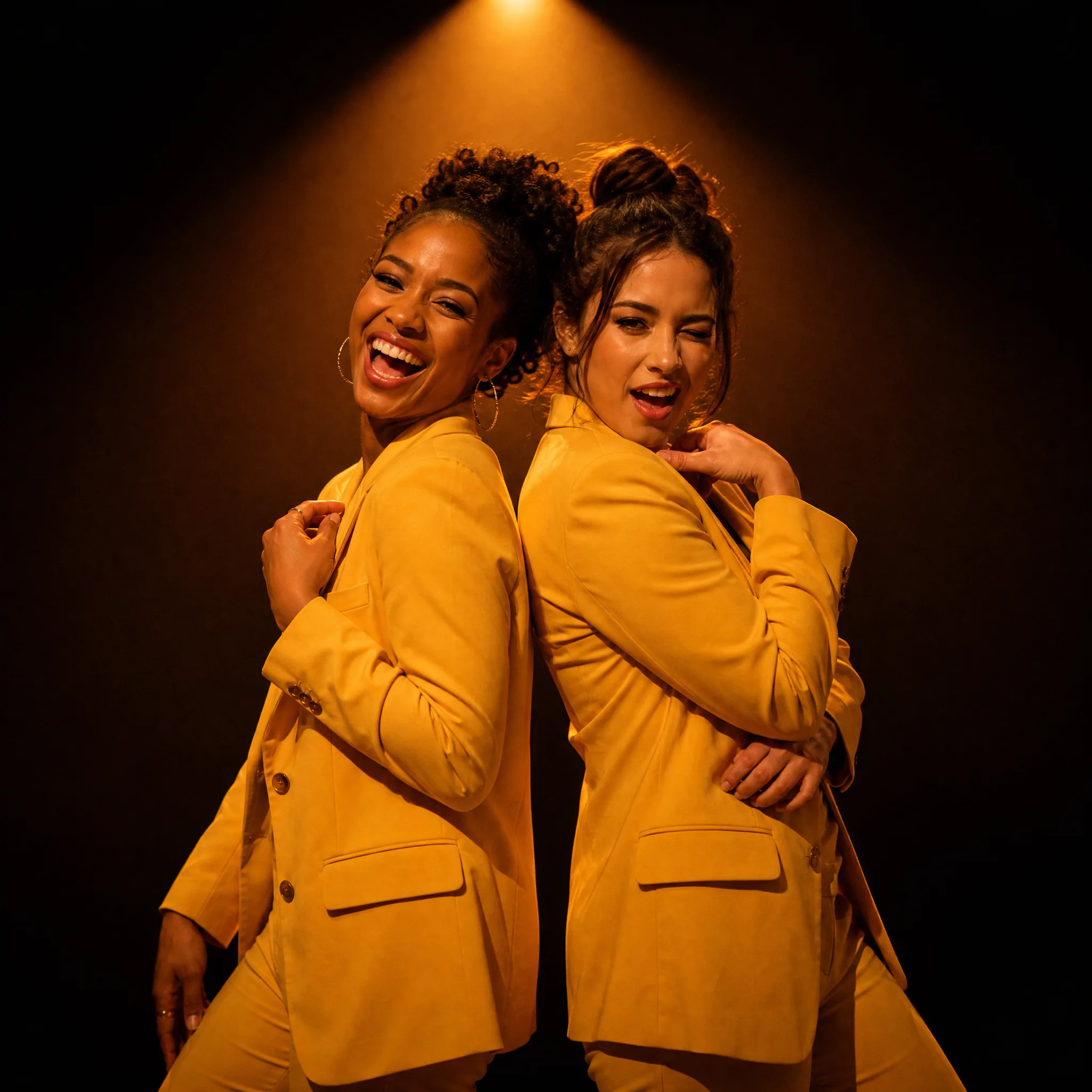 Two women in matching sunflower-yellow suits standing back to back under a warm spotlight, one laughing