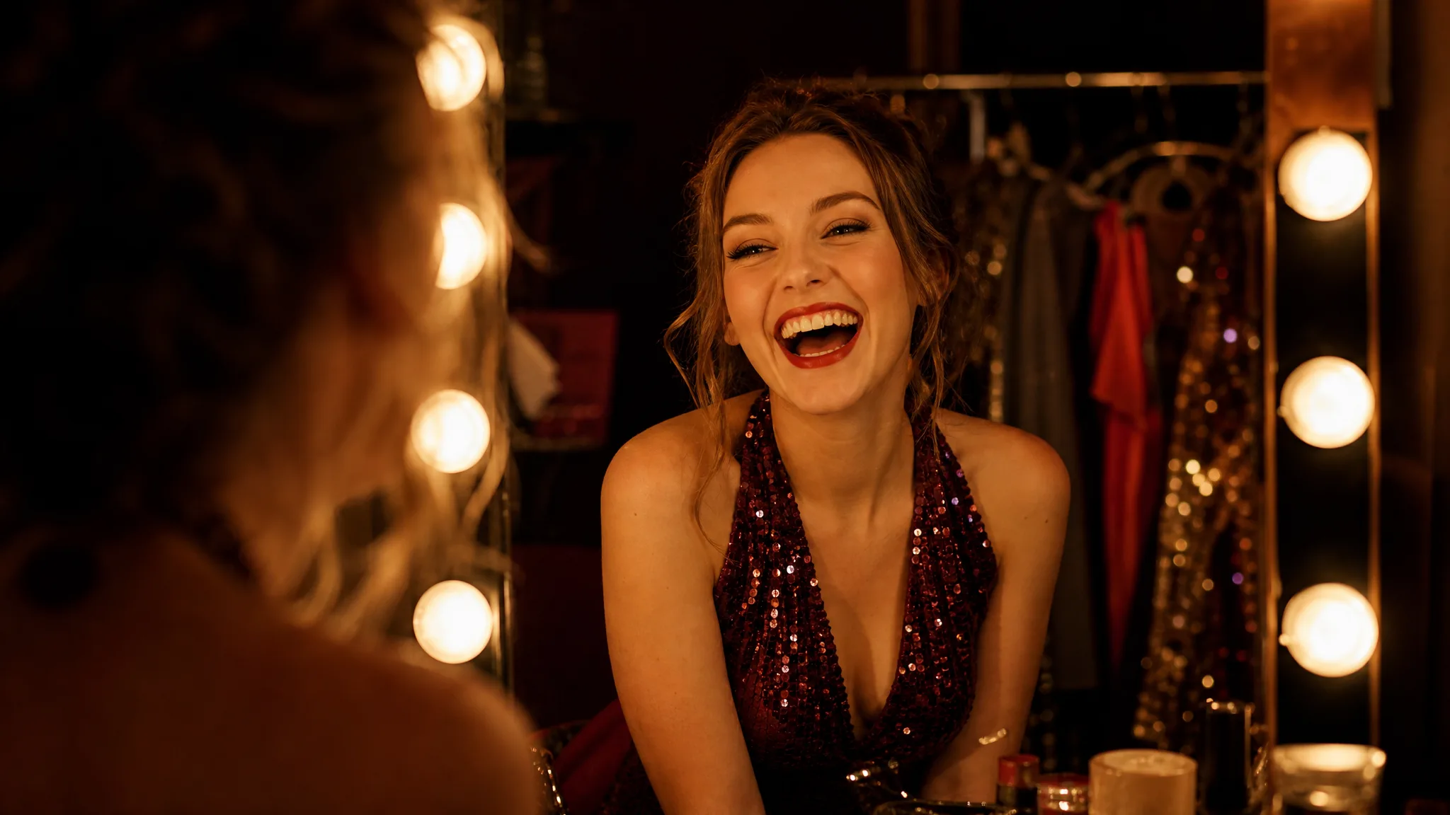 Backstage laughter Laughing woman in a sequined burgundy top in front of a bulb-framed mirror in a theatre dressing room