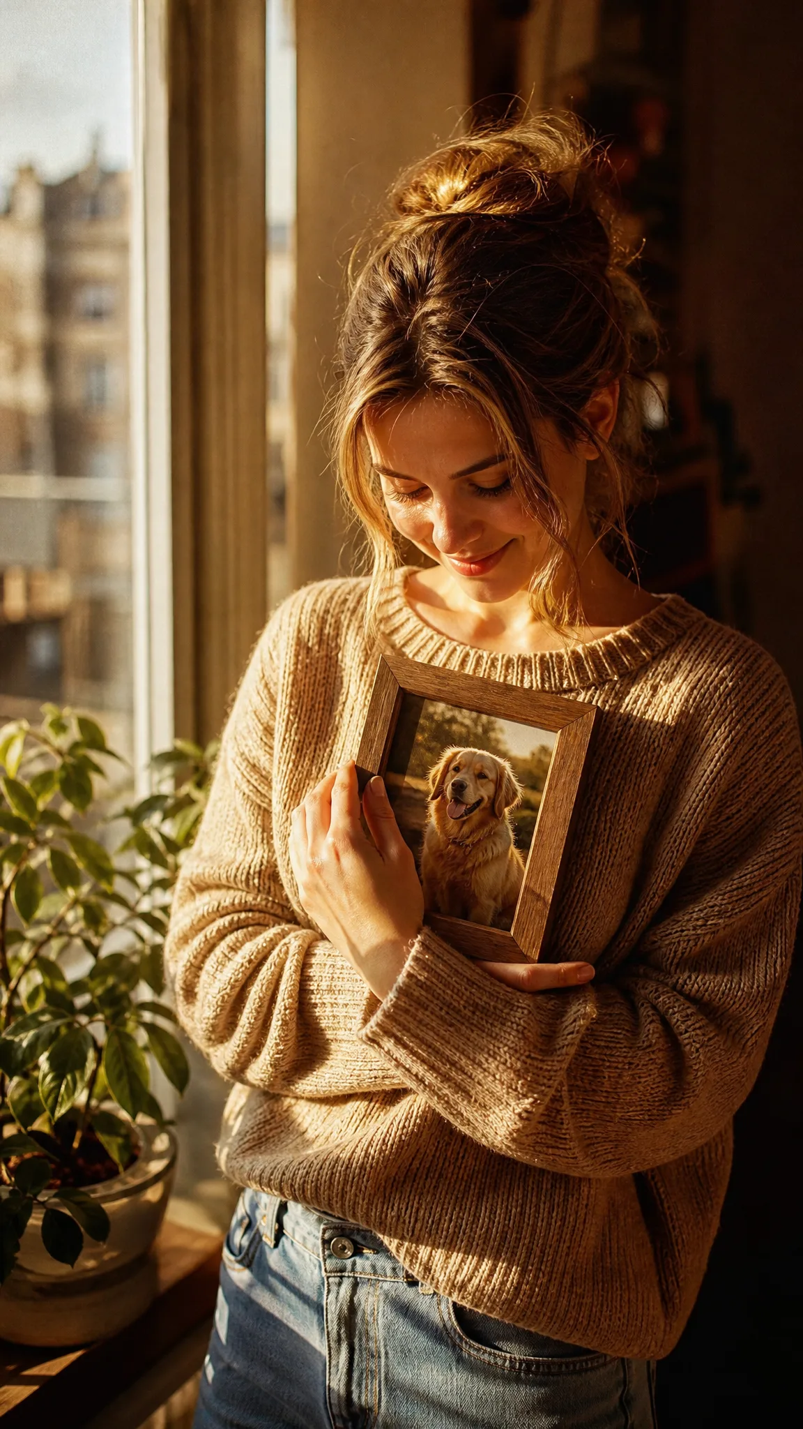 A favourite dog photo Woman smiling down at a framed picture of a golden dog she holds to her chest by a sunny window