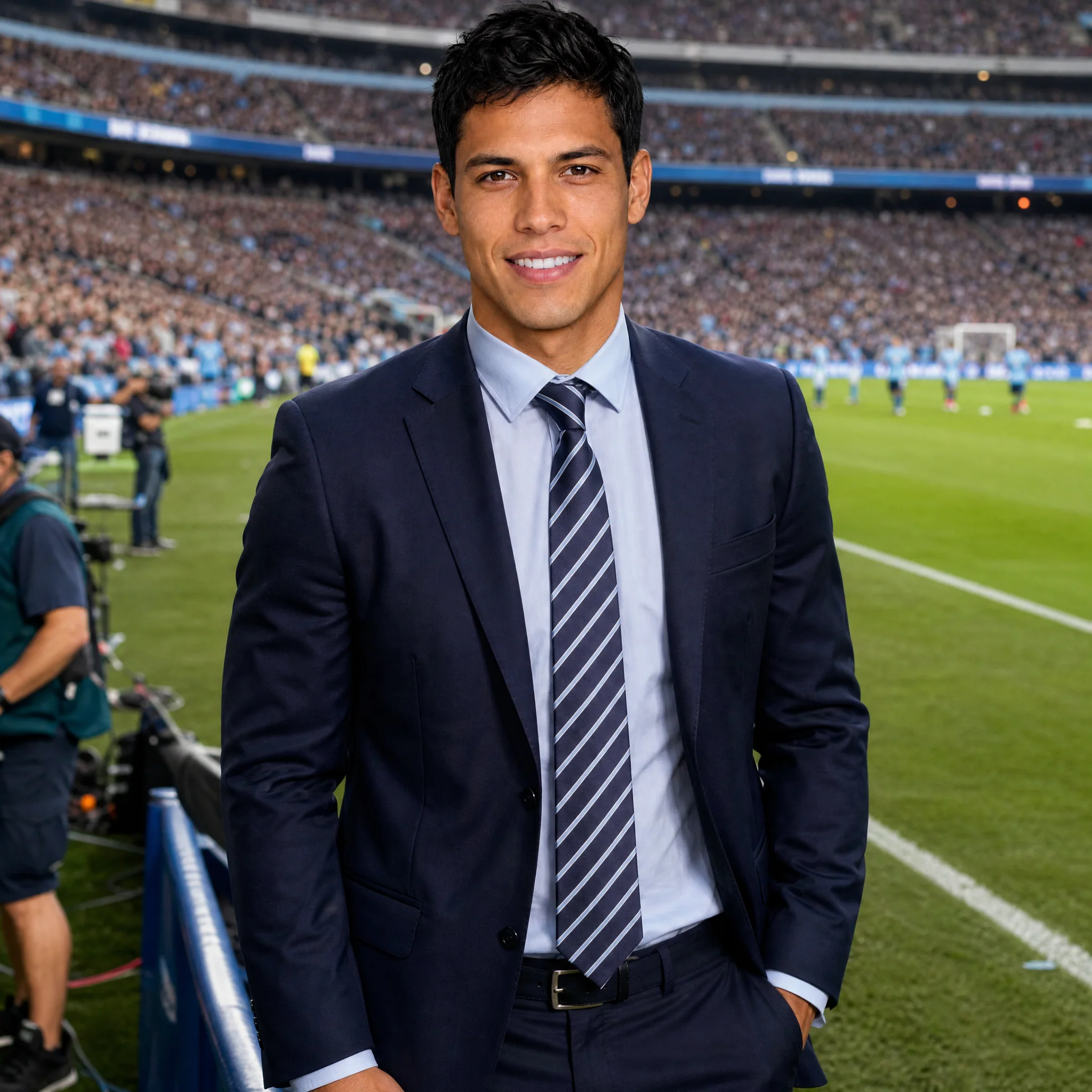 A man in a navy suit and striped tie celebrating beside a football pitch, with stadium spectators behind him