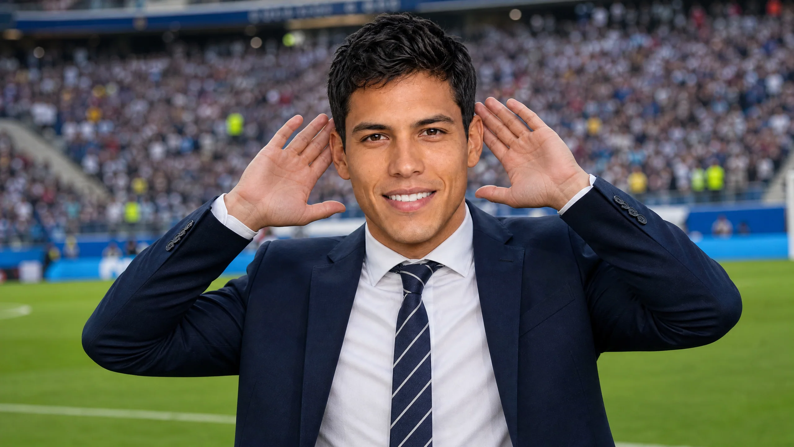 A suited young man holding both open hands beside his ears on a stadium sideline under neutral daylight