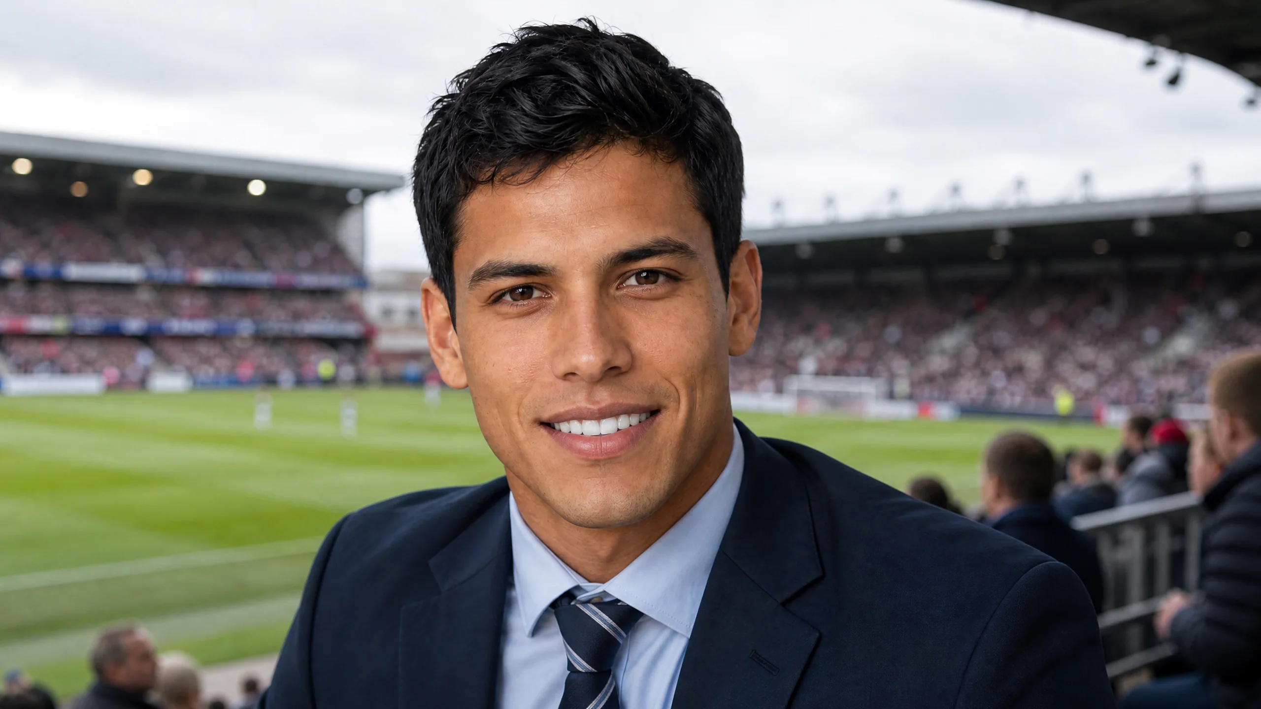 A young man with short dark curls beside a stadium pitch, close face view in soft overcast daylight