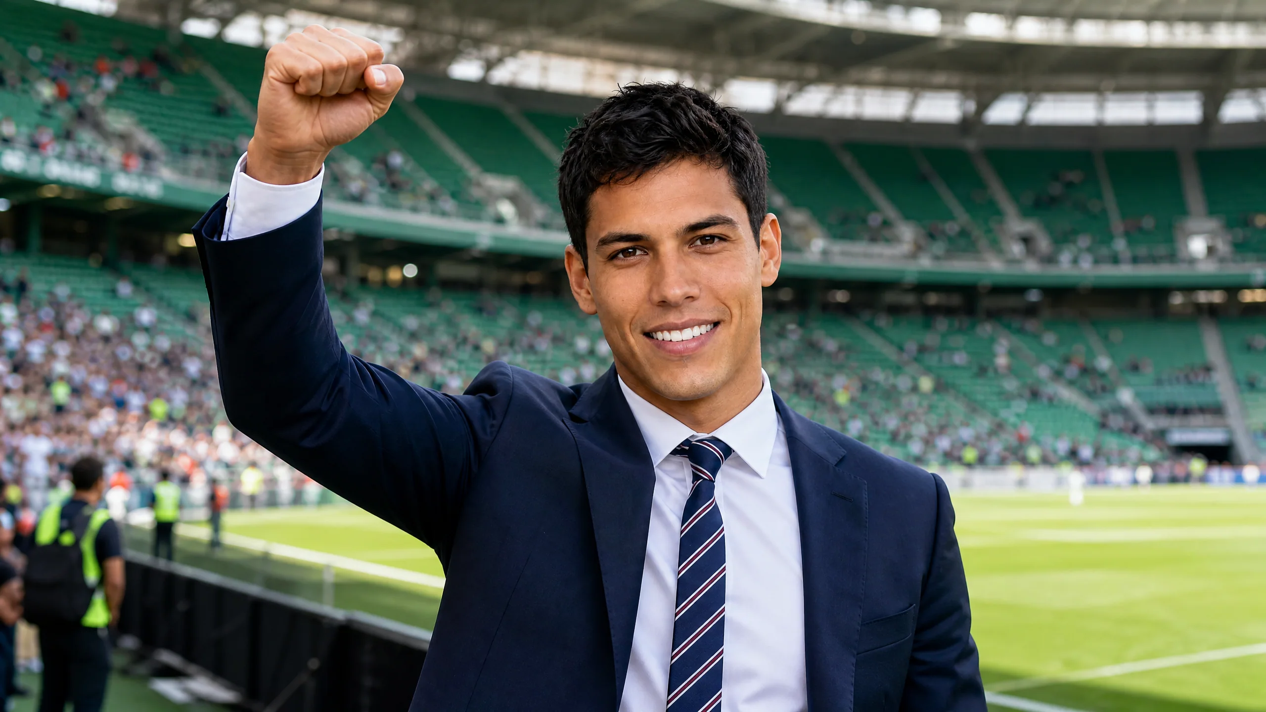A smiling suited young man finishing a raised-arm celebration with bright green stadium seating in daylight