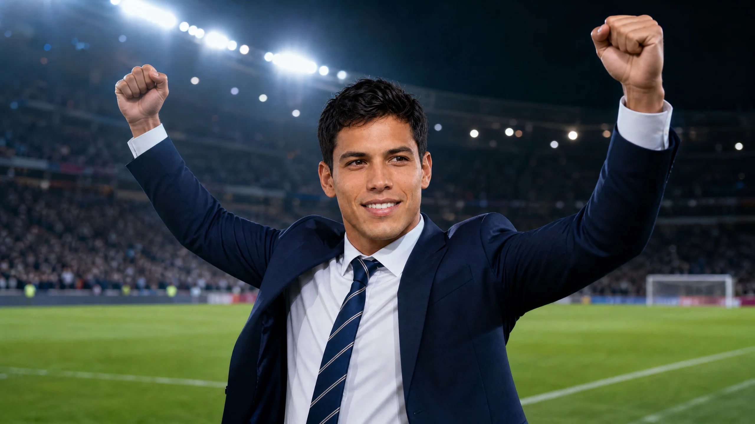 A young man in a navy suit raising his arms beside a football pitch under cool stadium lights