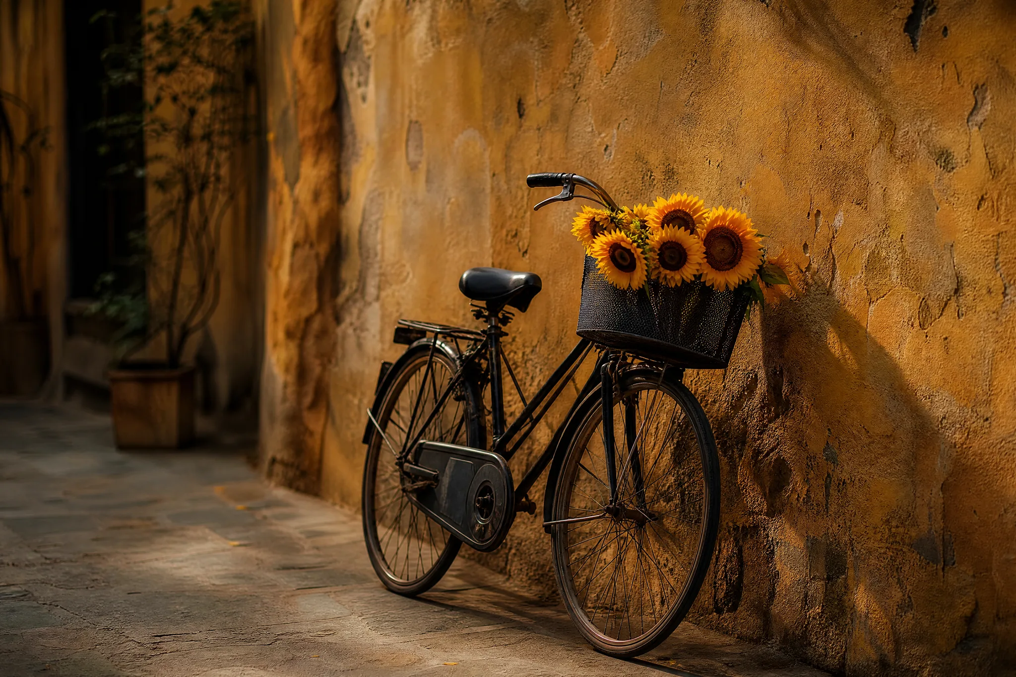 FLUX.2: Named Details That Matter Black bicycle leaning on an ochre wall, its basket packed with sunflowers