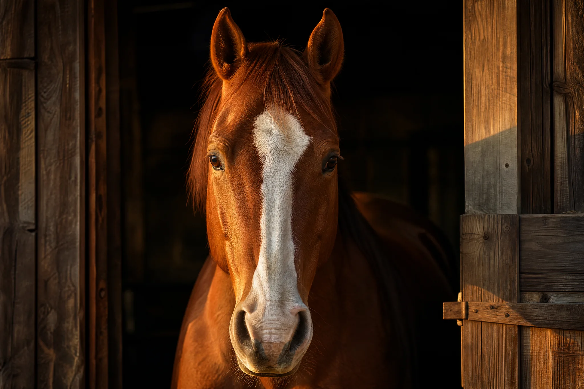 FLUX.2: Centred Horse Portrait Chestnut horse with a white blaze peering out of a stable door, framed in the centre