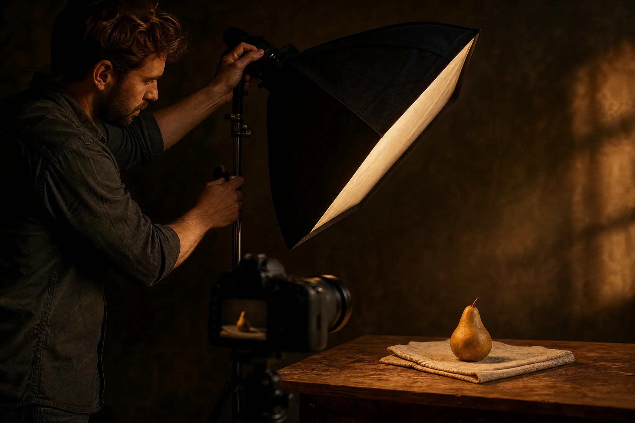 FLUX.2: One Light at a Time Photographer angling one softbox at a single pear on a linen still-life table