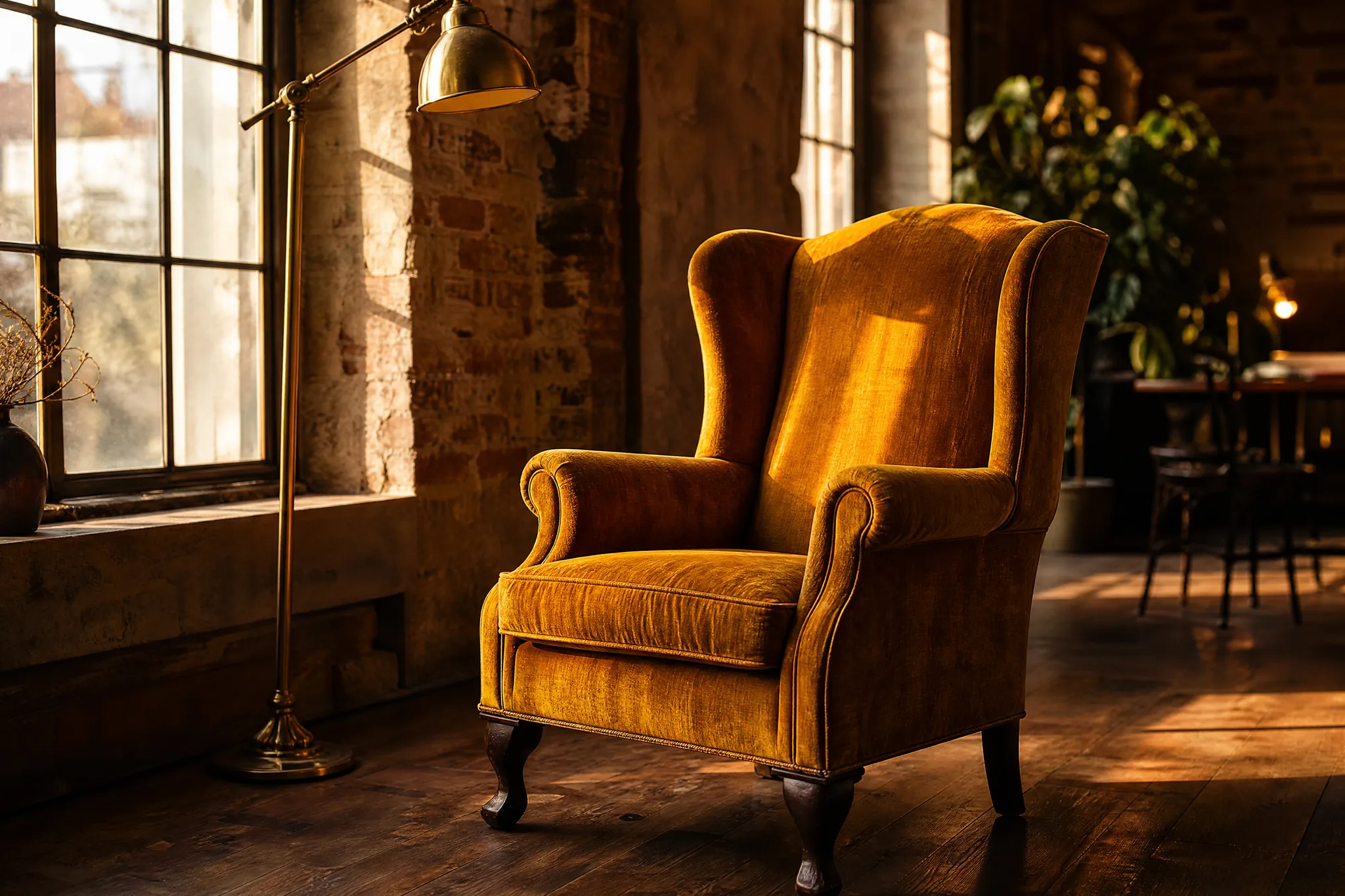FLUX.2: Armchair in a New Room Ochre velvet wingback armchair beside a brass lamp in a sun-filled loft