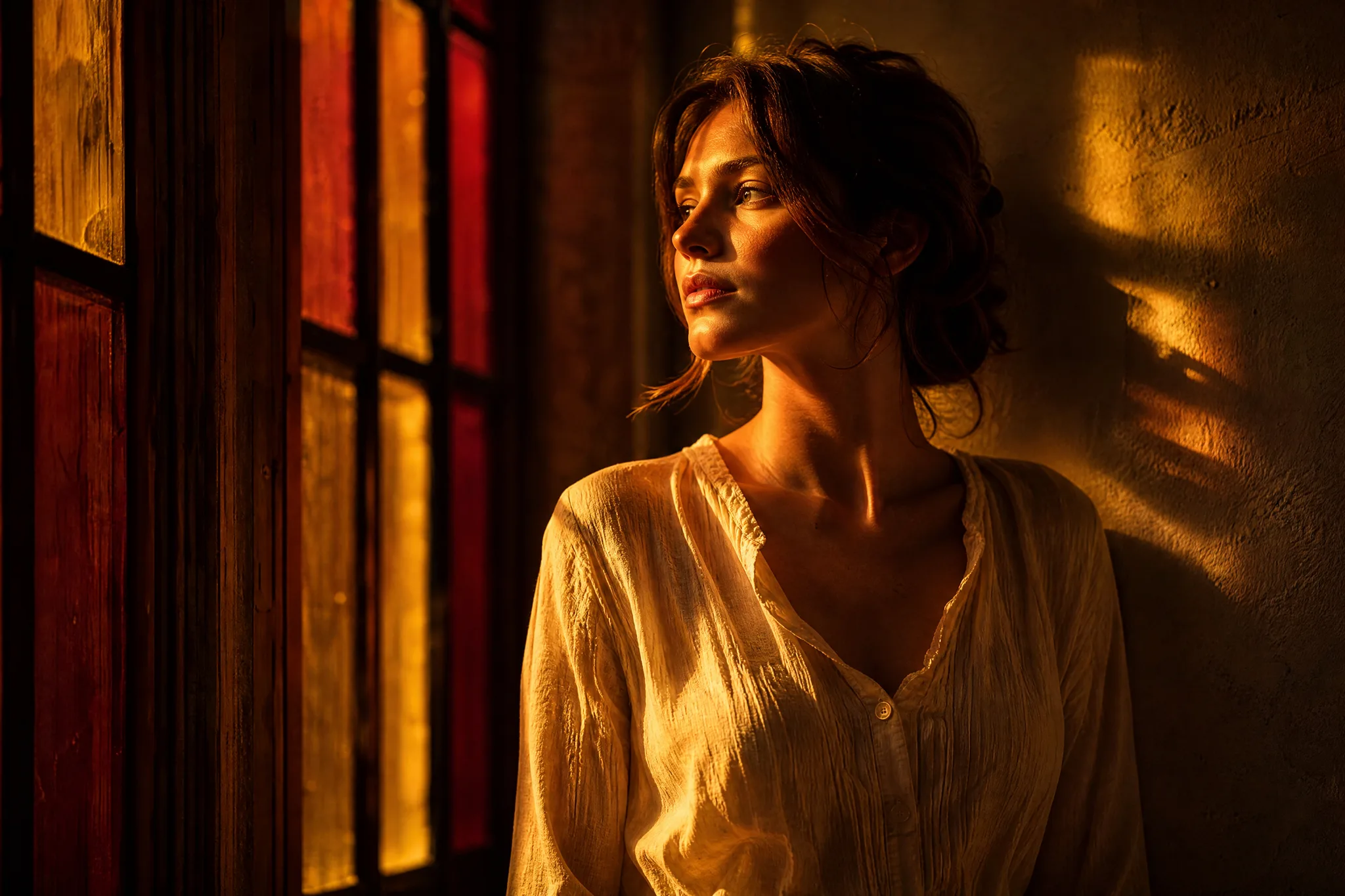 Woman standing at a tall window washed in amber and crimson evening light