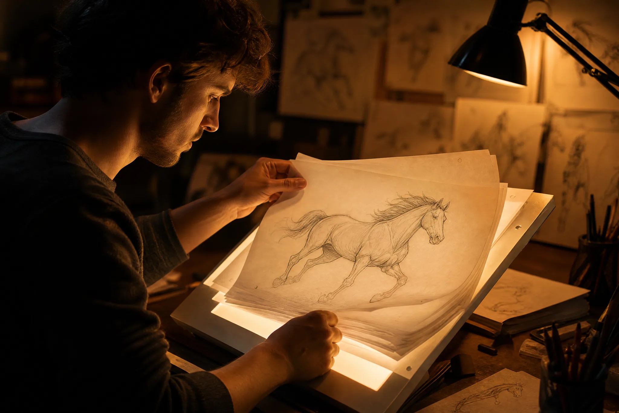 FLUX.2: Checking Pose Against Pose Animator flipping through pencil drawings of a running horse on a lit light table