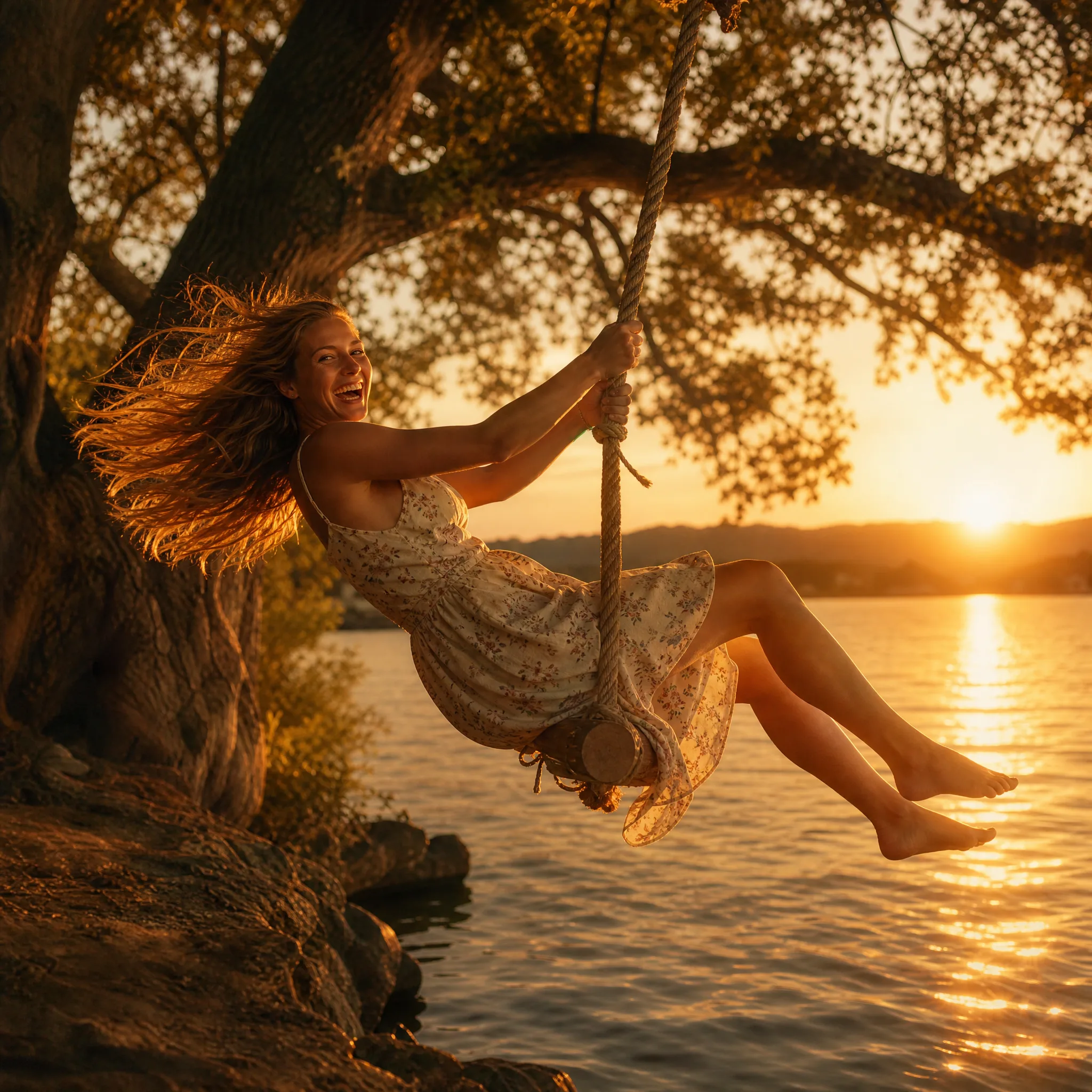 Woman laughing as she swings on a rope out over a lake at sunset