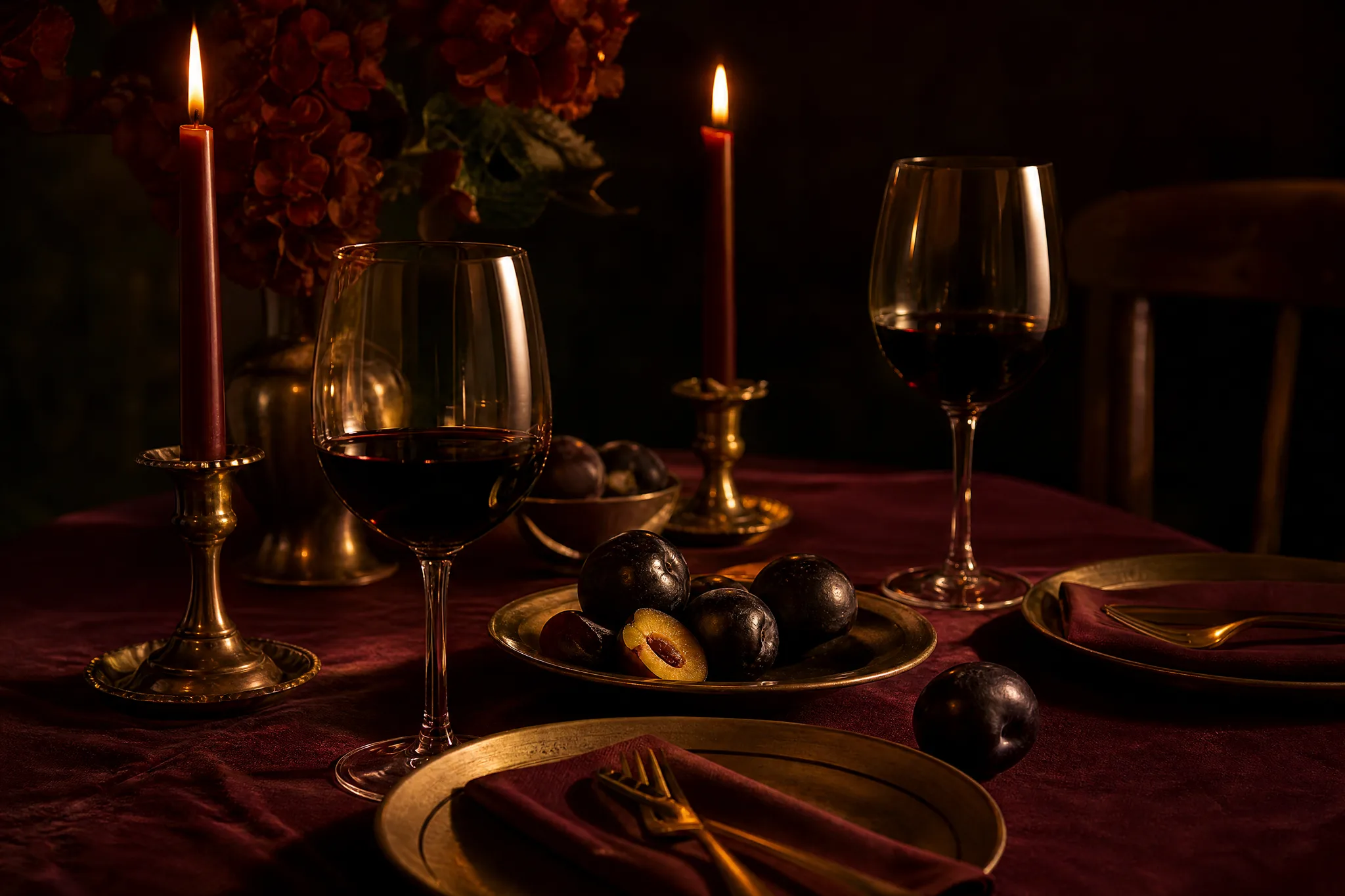Dinner table for two lit by candles in brass holders, glowing in ruby and amber