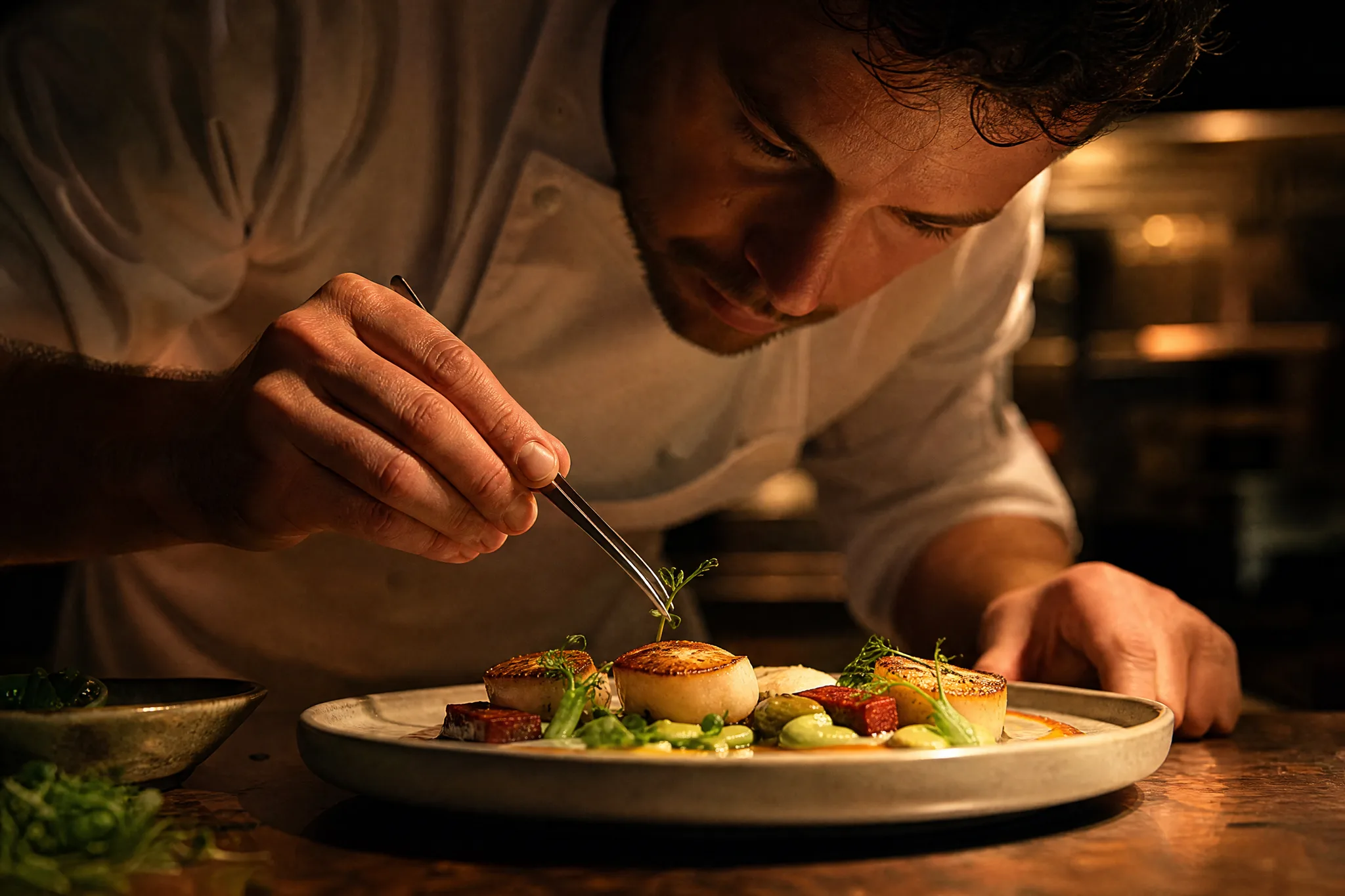 Chef using tweezers to set one herb garnish on a plated scallop dish
