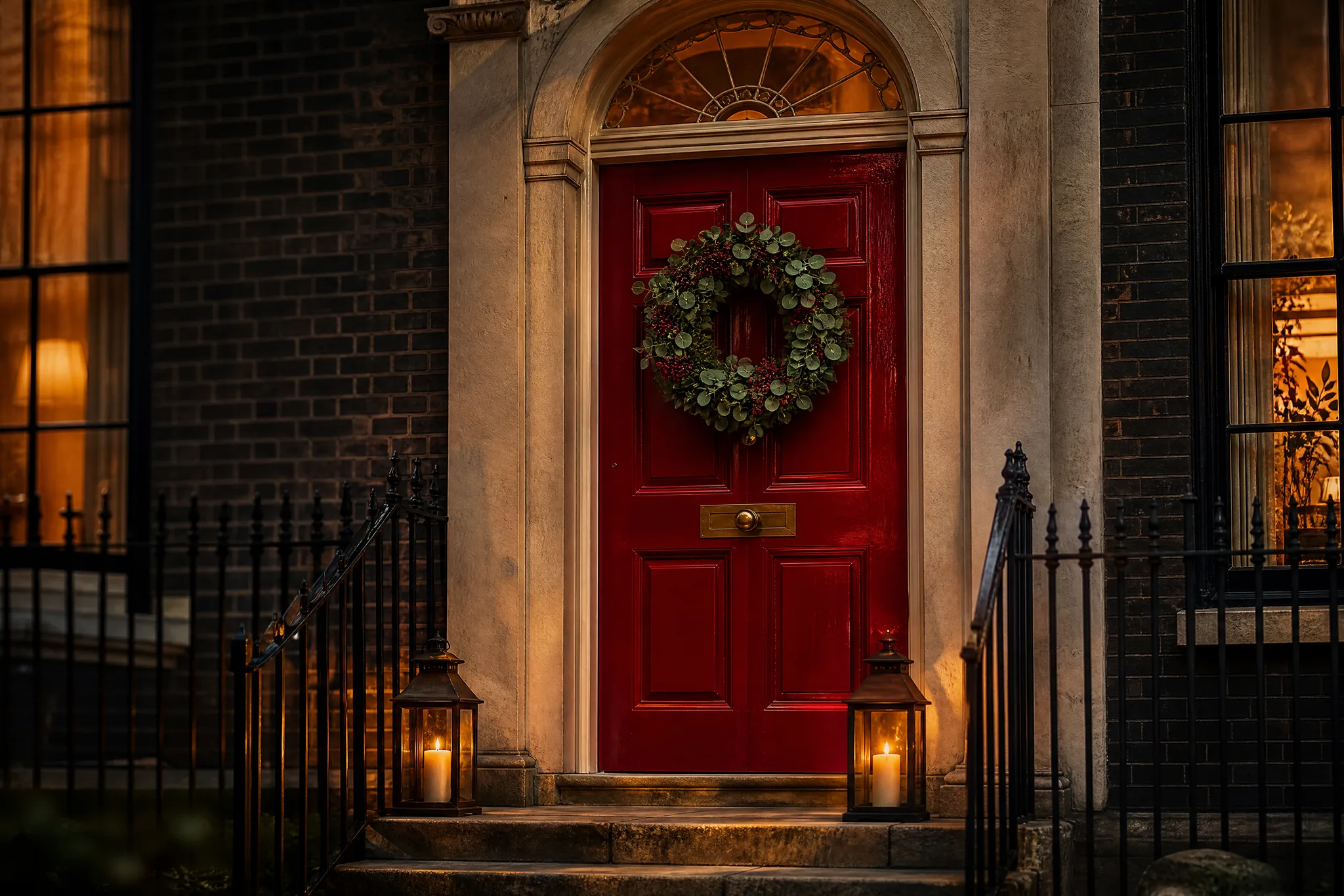 Glossy deep-red front door with a single wreath on a townhouse entrance