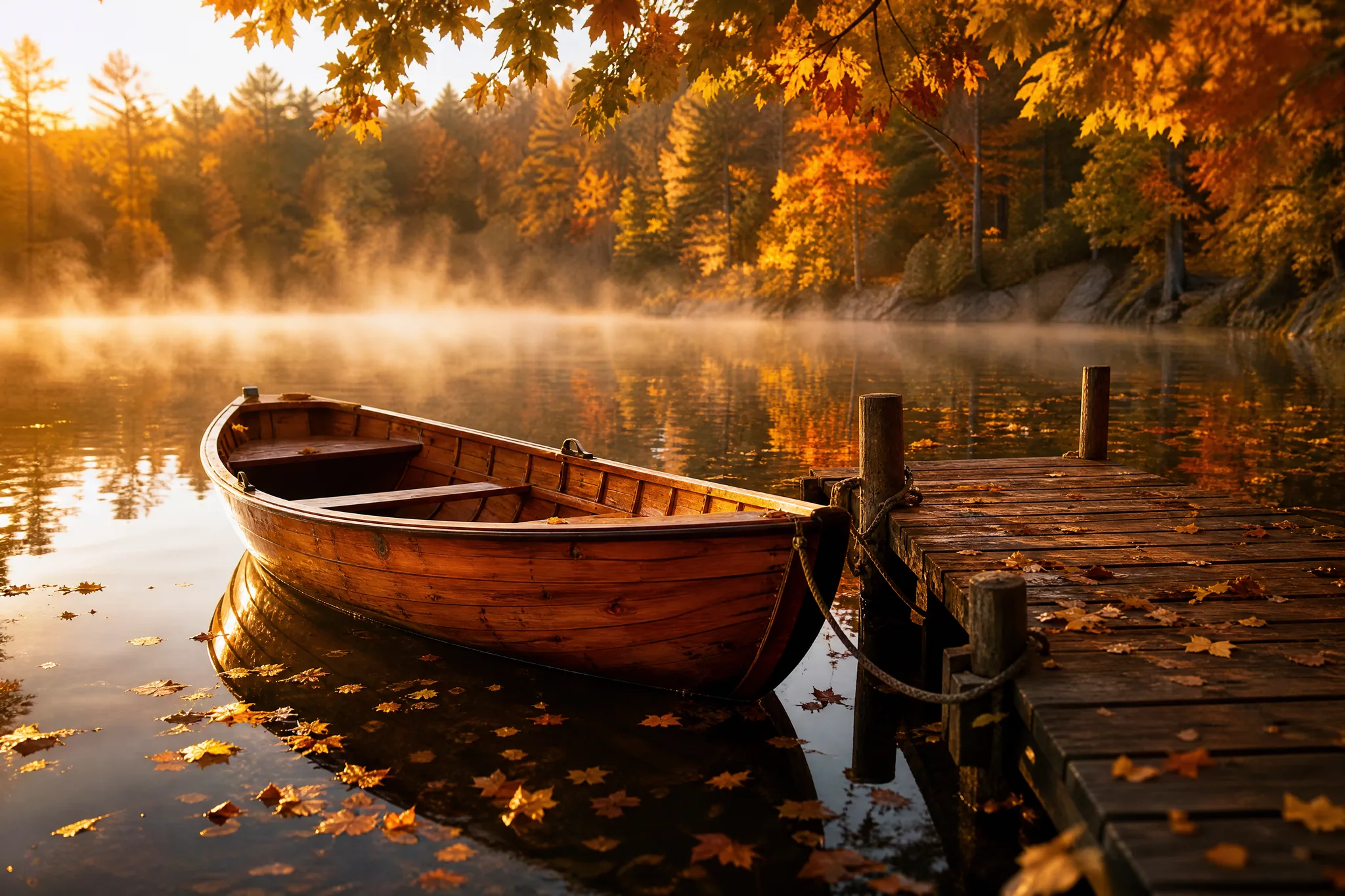 Varnished rowboat tied to a jetty on a misty lake surrounded by autumn trees