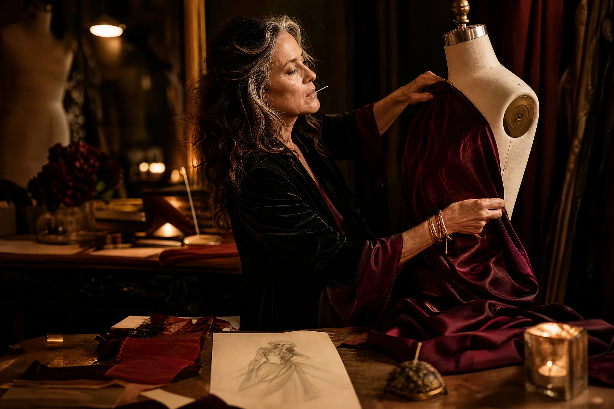 Costume designer pinning burgundy silk onto a dress form next to a pencil sketch