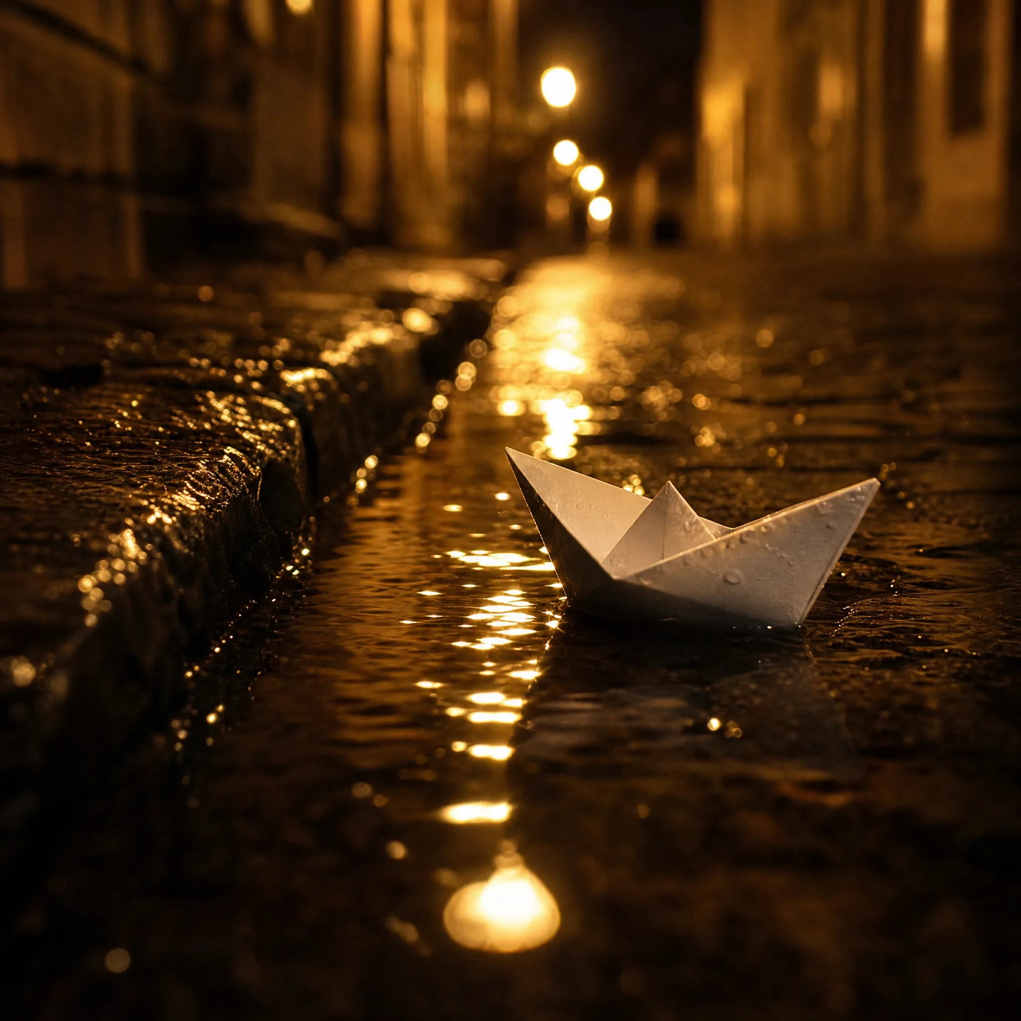 Small white paper boat drifts across a rain puddle on a cobbled street at night, streetlights glowing in the ripples