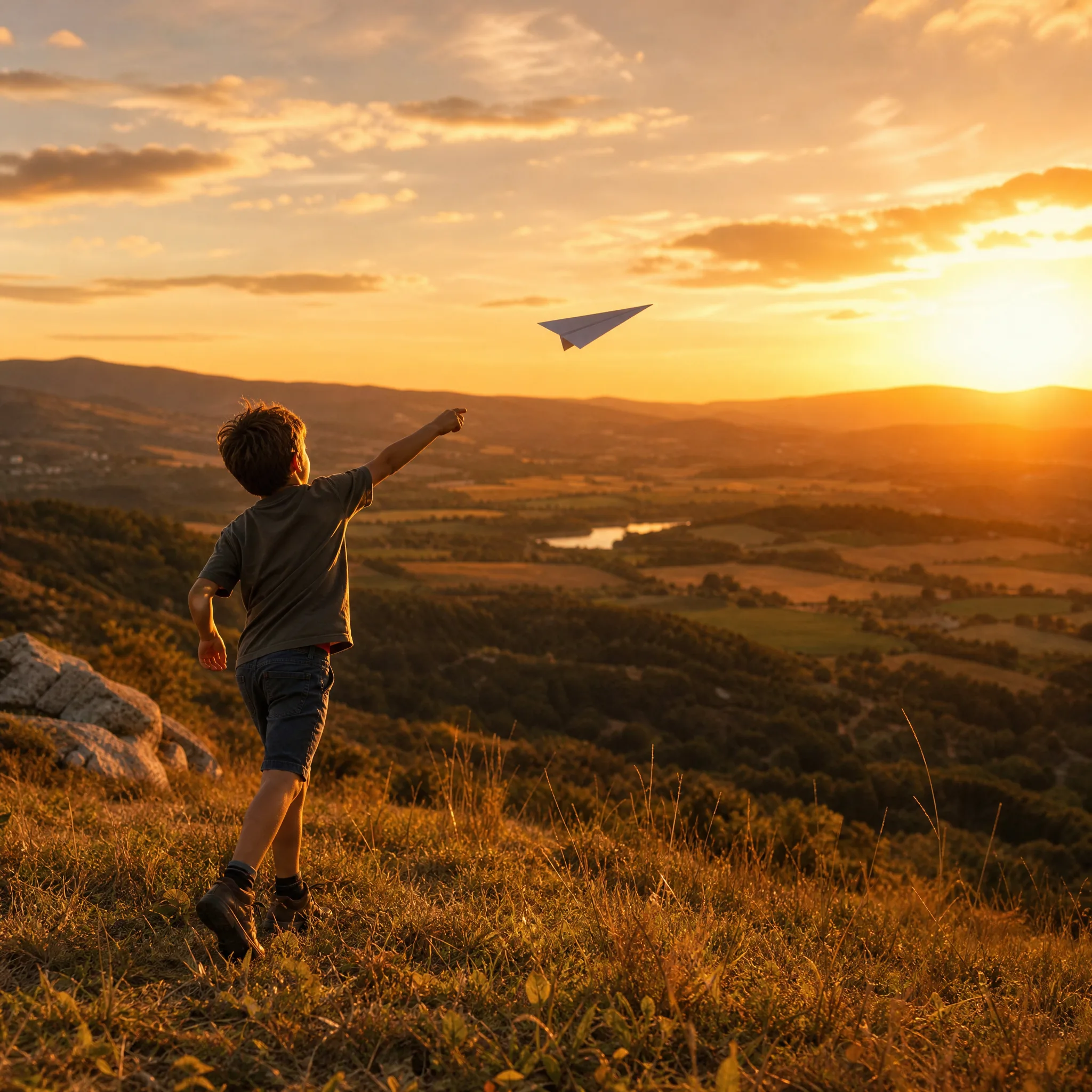 Boy throwing a paper plane off a grassy hill toward the setting sun