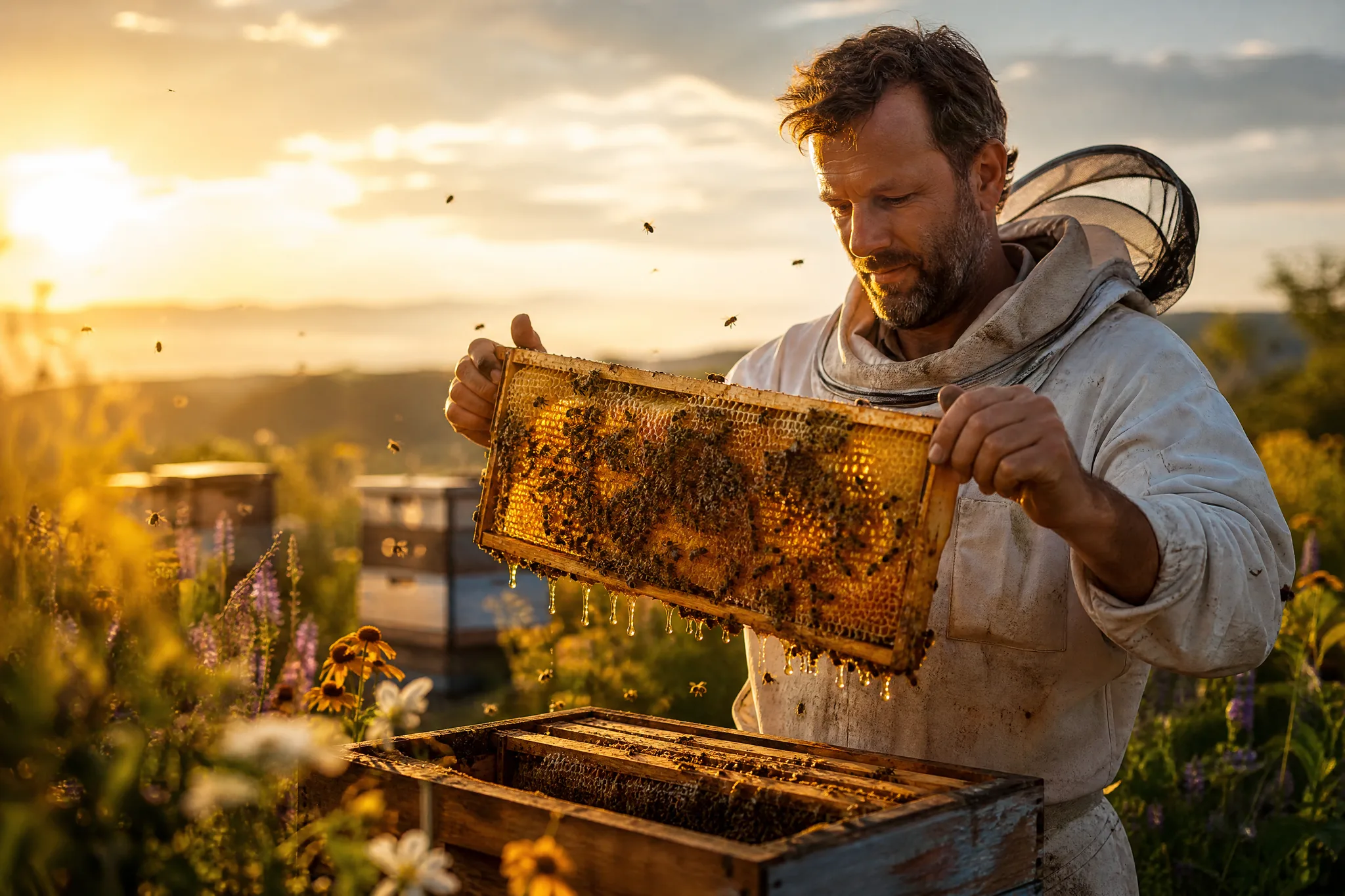 GPT Image 2.5: Story Before Style Beekeeper raising a golden frame of honeycomb from a hive in a sunny meadow of wildflowers