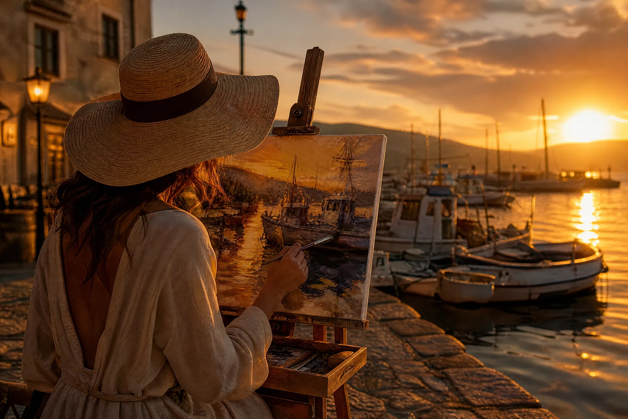 GPT Image 2.5: Photo or Painting Painter at an outdoor easel capturing the fishing harbour in front of her at sunrise