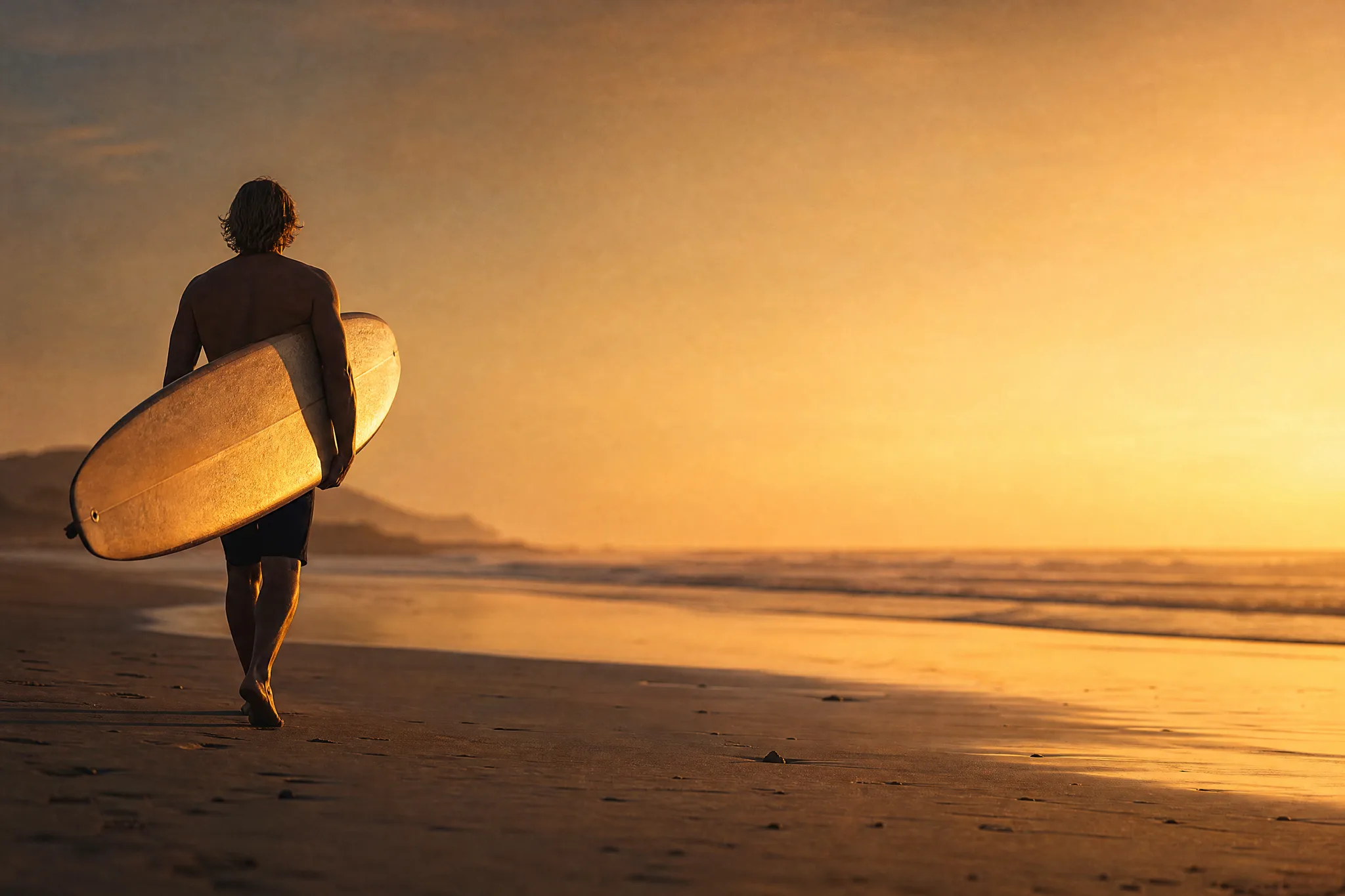 GPT Image 2.5: Beach Frame with Title Space Surfer holding a longboard on the left of a deserted beach at dusk, the right side left clear
