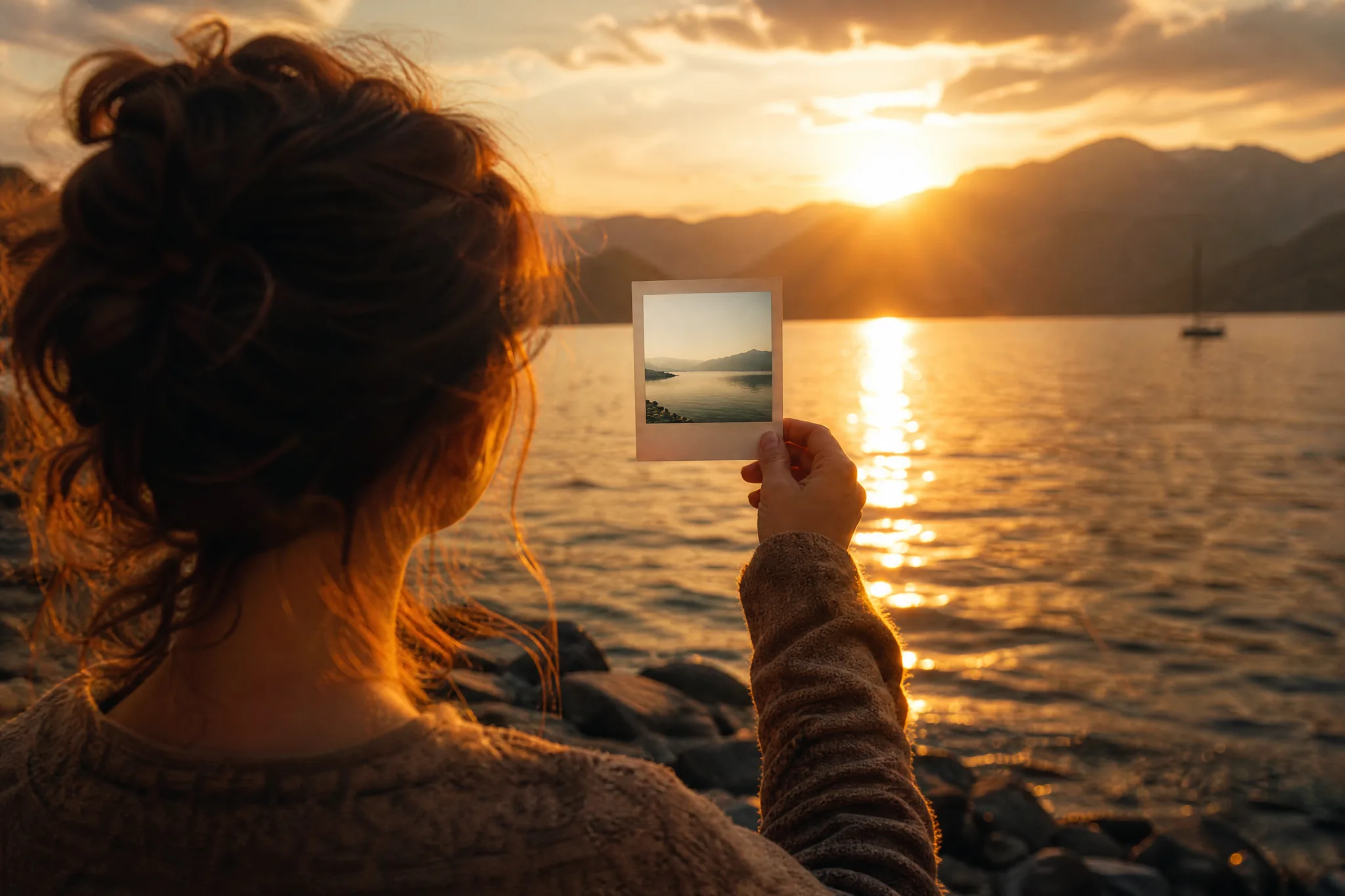 GPT Image 2.5: Reference Against Reality Woman holding up a daytime instant photo of a lake in front of the same lake at sunset