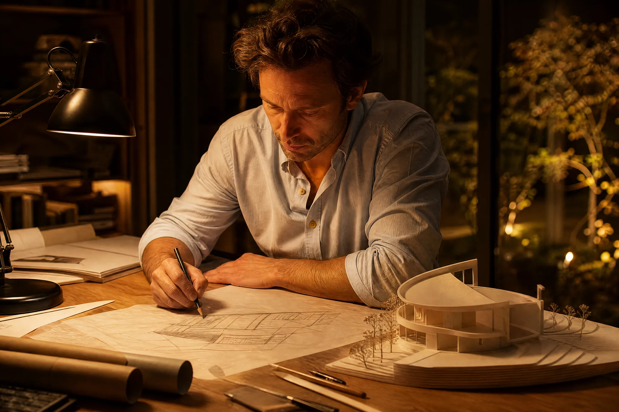 Architect drawing a building on tracing paper next to a white scale model under a desk lamp