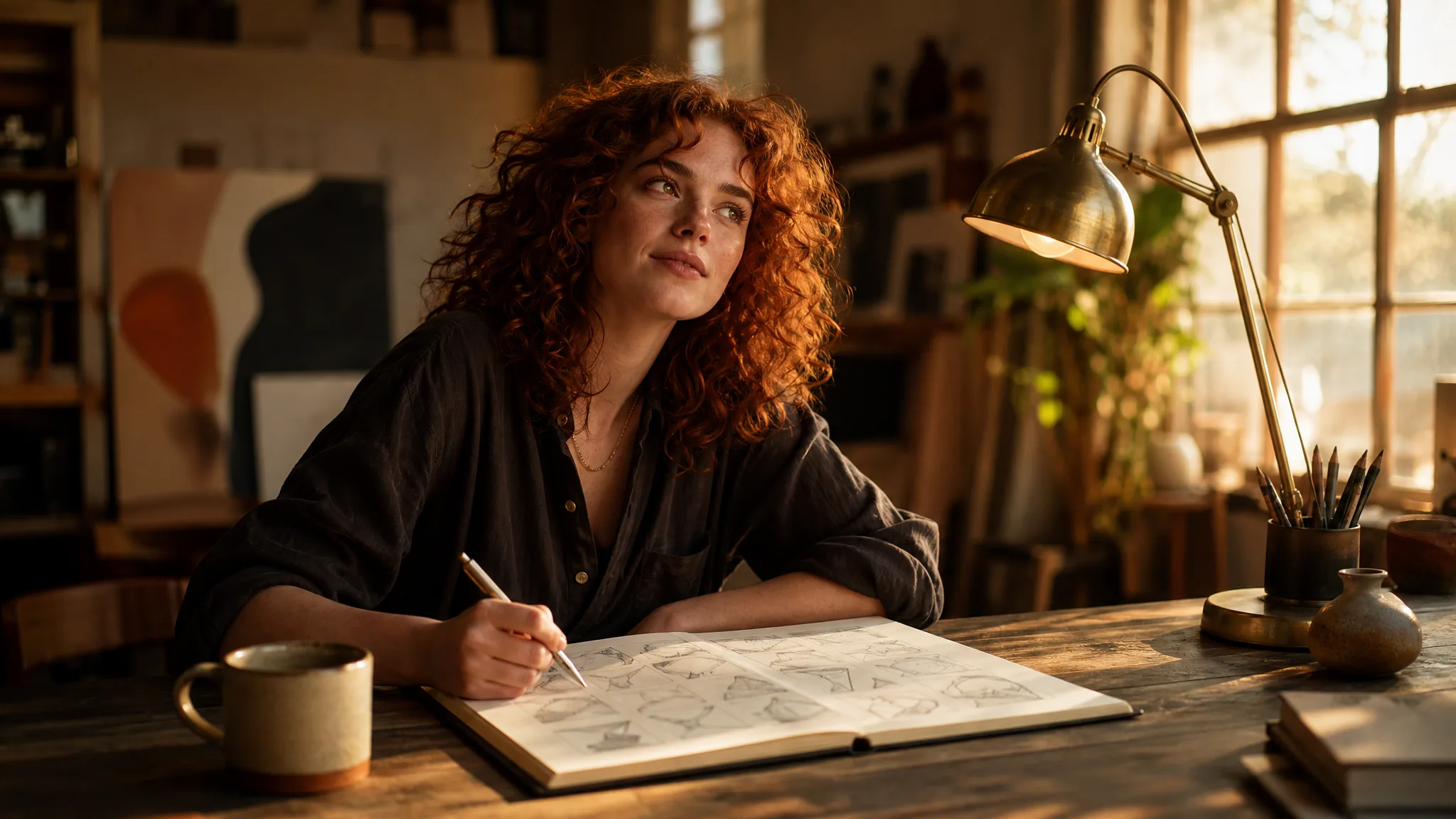 Designer pausing over a notebook of tiny pencil thumbnail sketches on a sunlit studio desk
